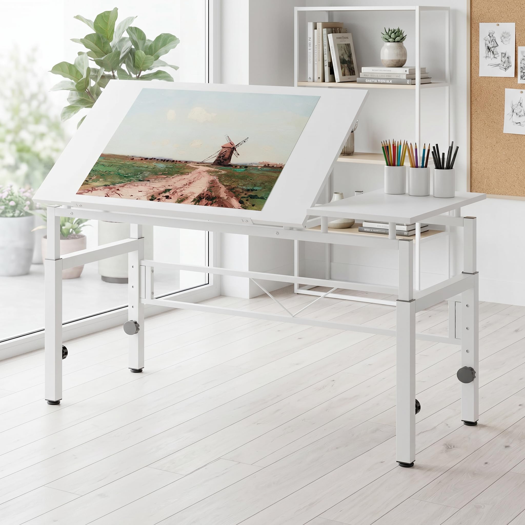 Zeichentisch mit 4 Nivellierfüßen, Schreibtisch mit Verstellbarer Tischplatte(0-60 Grad), Architektentisch, Schülerschreibtisch für Techniker, Architekten, 120x60x77-100cm, Weiß