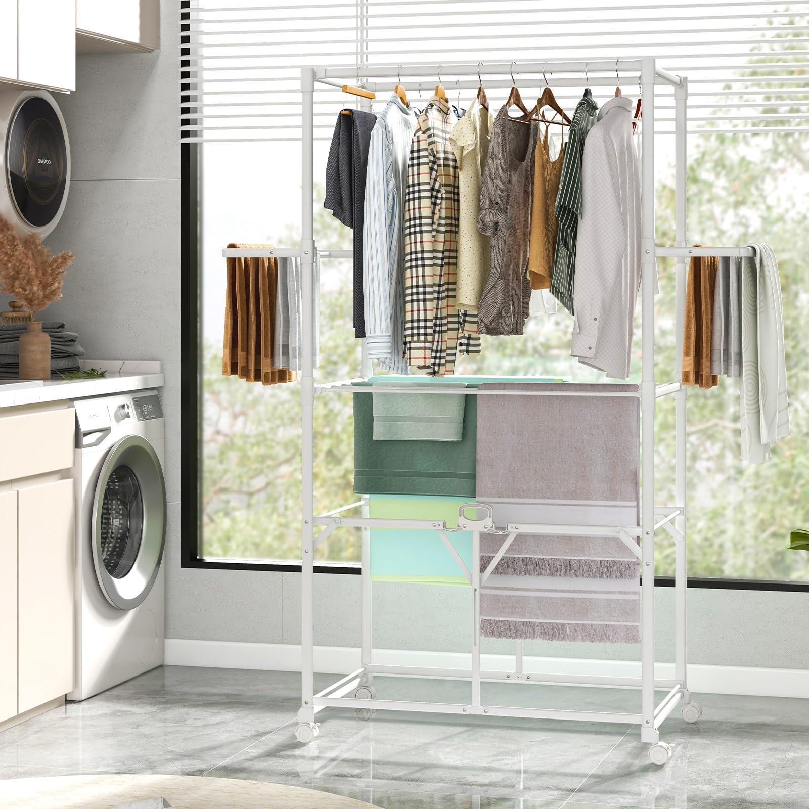 GIANTEX Tendedero Vertical Plegable con Ruedas, Barras para Colgar, 2 Alas Abatibles y Estante Extraíble, Tendedero Portátil para Interior y Exterior, 94 x 49 x 174 cm, Blanco