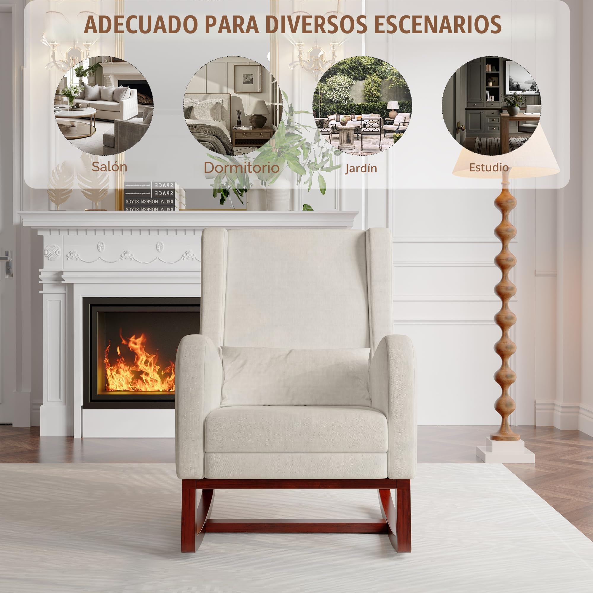 Mecedora con reposapiés, mecedora de enfermería con patas de madera maciza, 2 bolsillos laterales y 1 cojín lumbar, mecedora acolchada (beige)