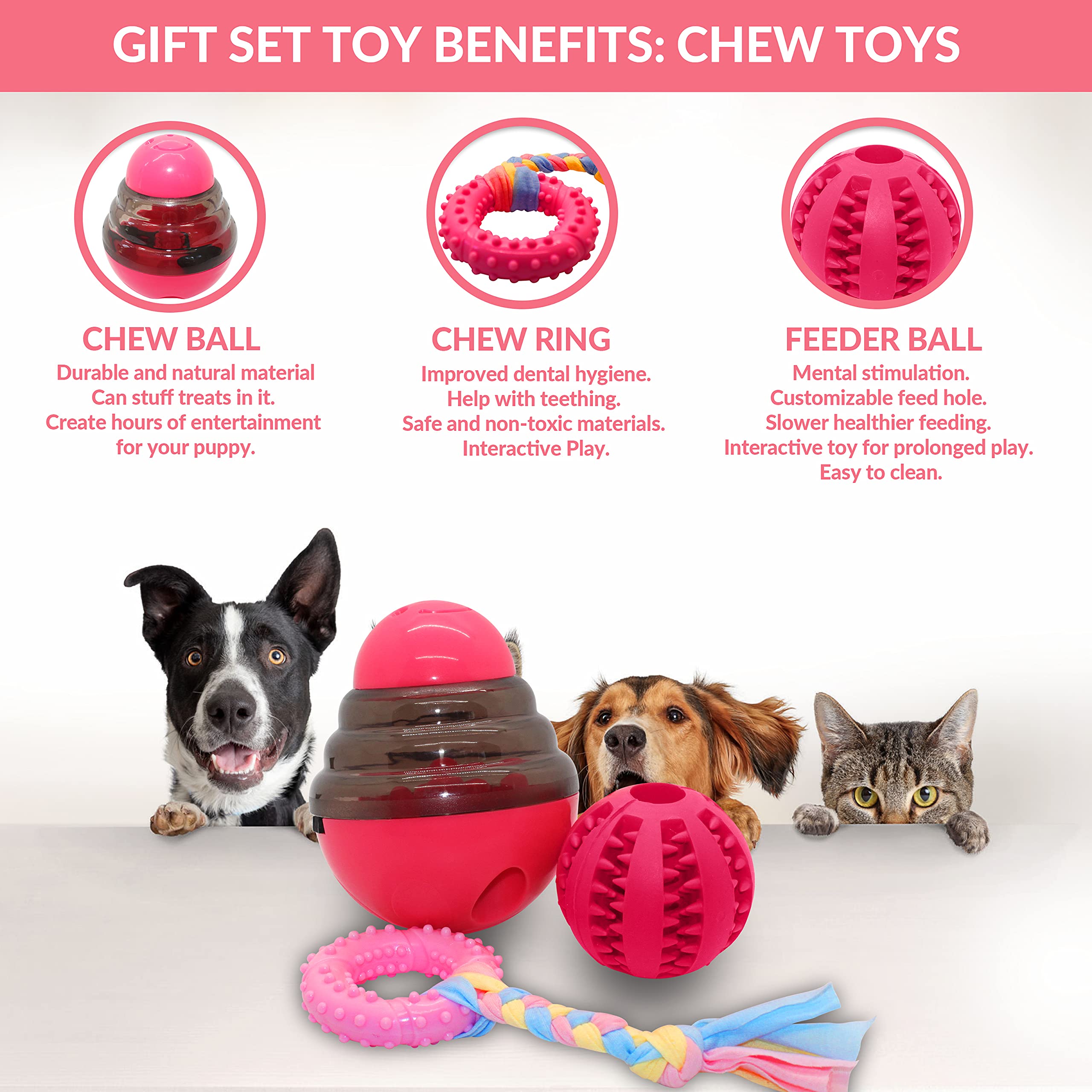 Caja de regalo rosa para perros, juego de 5 juguetes masticables para cachorros, paquete de cuidado de cachorros con manta para perros, felpa chirriante, mordedor de goma para cachorros, bola