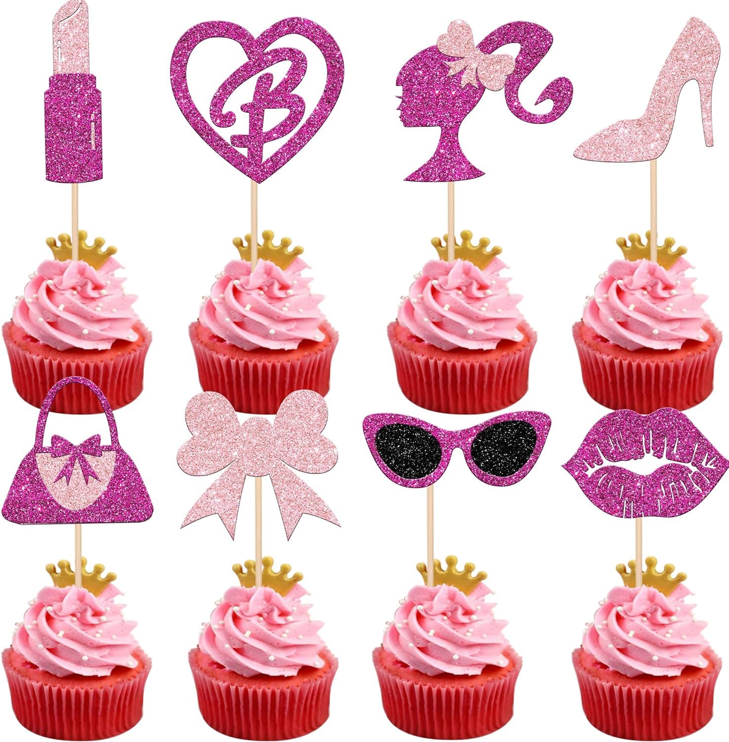 Confetti! 24 PCS Princess Cupcake Toppers Glitter Pink Girl Cupcake Picks Handbag Glasses Bow Lipstick Tie High Heel Cake Decorations for Wedding Bridal Shower Baby Shower Birthday Party Supplies