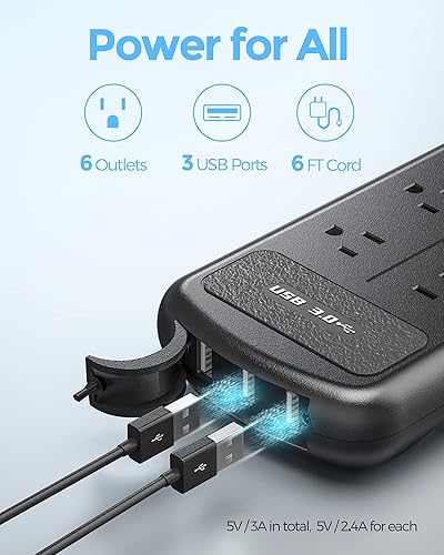 Miniatura 2 de Regleta de alimentación USB para exteriores resistente a la intemperie, protector de sobretensiones impermeable con 3 puertos USB y 6 tomas, cable