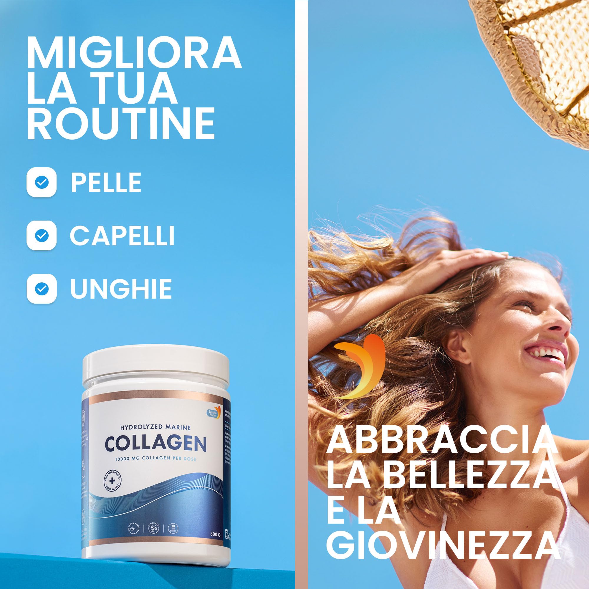 Polvere di Collagene Marino 100%, 10.000 mg, 300g x2, Tipo I e III