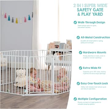 Regalo Safety 192 Super Wide Baby Gate & Play Yard, 2-in-1 Convertible Extra Wide Safety Barrier, Hardware Mounted for Toddlers & Pets, Tested & Safe for 30 Years, American Designed & Owned, White