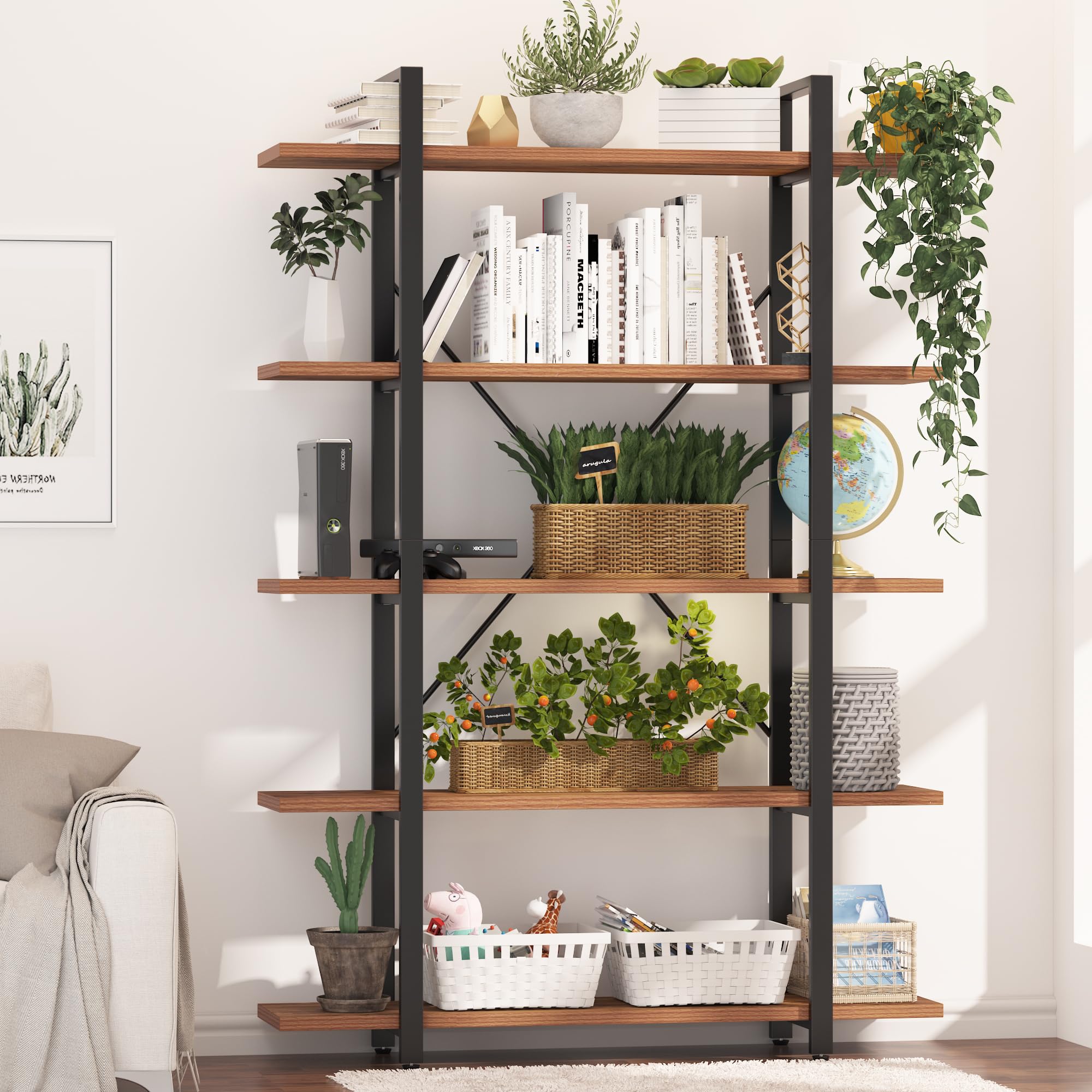 BATHWA Wood and Metal Minimalist 5 Tier Bookshelf, 6 feet Tall Open Rustic Wide Bookcase Industrial Style, Modern Wooden Big Book Shelf for Home