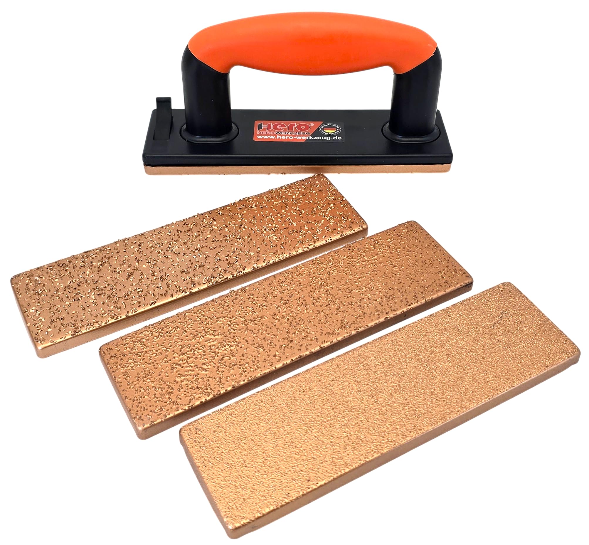HERO Hartmetall Handschleifer Set 5-tlg. K24/K36/K60 – Wolframcarbid Schleifbrett für Holz, Estrich, Fliesenkleber & Spachtelmasse – Schleifklotz mit Magnet-Wechselsystem für Renovierung & Sanierung | Bis zu 1500× längere Standzeit dank Wolframcarbid-Besc
