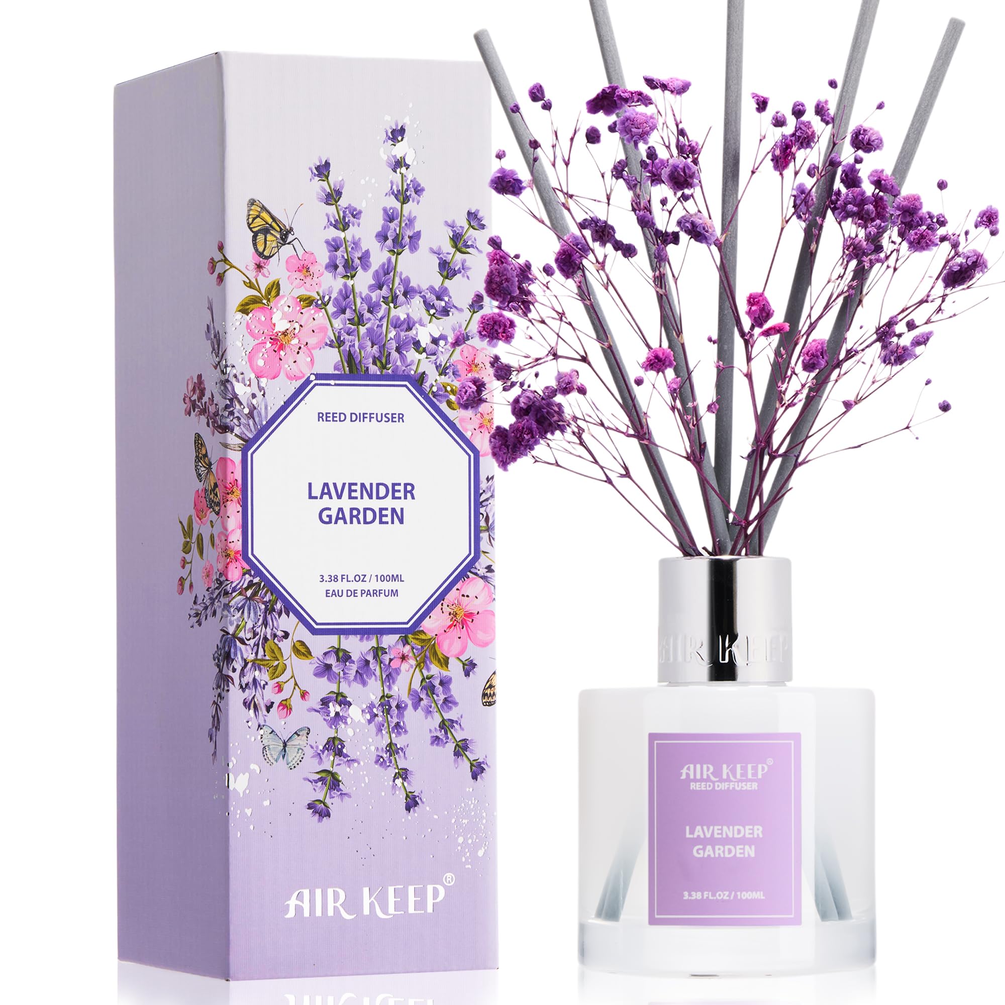 Airkeep Reed Diffuser Set,3.38 fl oz (100 ml) - Lavender Garden Oil Diffusers with 8 Reed Sticks, Home Fragrance Reed Diffuser for Bathroom Shelf Decor