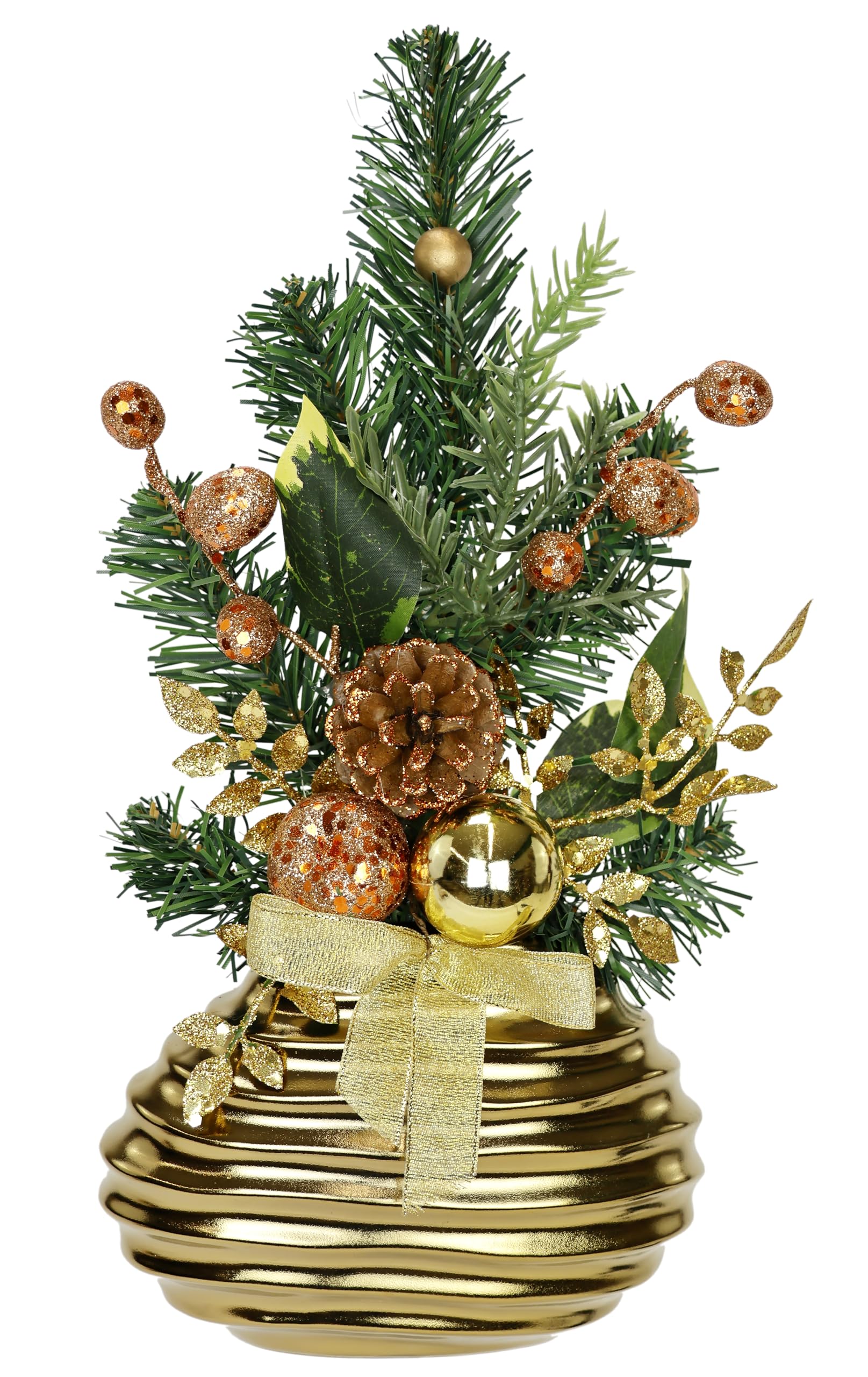 Flair Flower Berries Cones Tree Baubles Branches fir in vase Winter Poinsettia Arrangement Table Decoration Artificial conifers Christmas Flowers, Plastic Ceramic, Gold, 34x19x6 cm