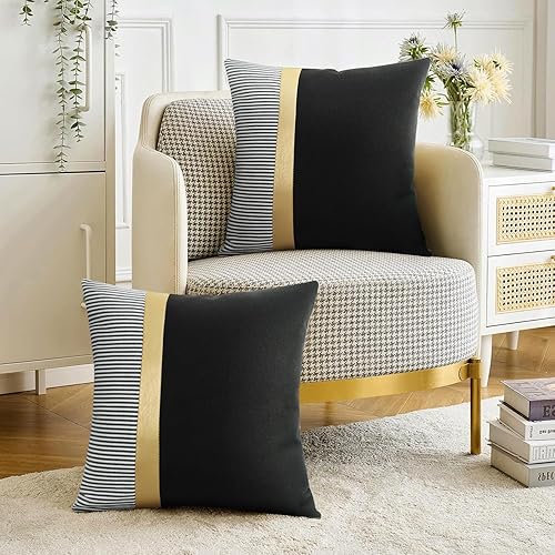 Miniatura 3 de Juego de 2 fundas de almohada de piel sintética y algodón de 18 x 18 pulgadas, fundas de almohada decorativas en blanco y negro con retazos de rayas