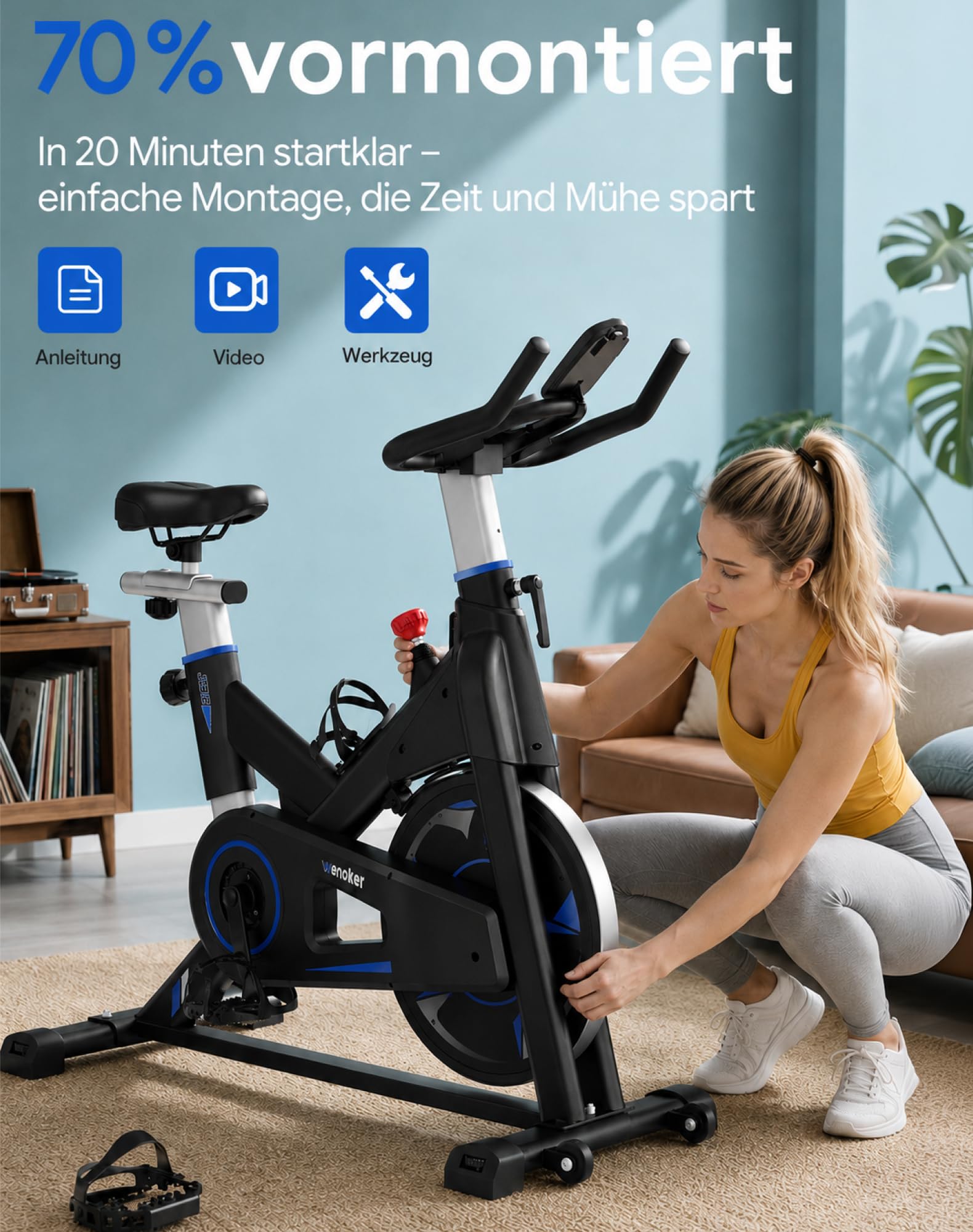 WENOKER Cyclette da cyclette, resistenza magnetica, per casa, indoor bike silenziosa, volano pesante e monitor LCD migliorato, blu scuro