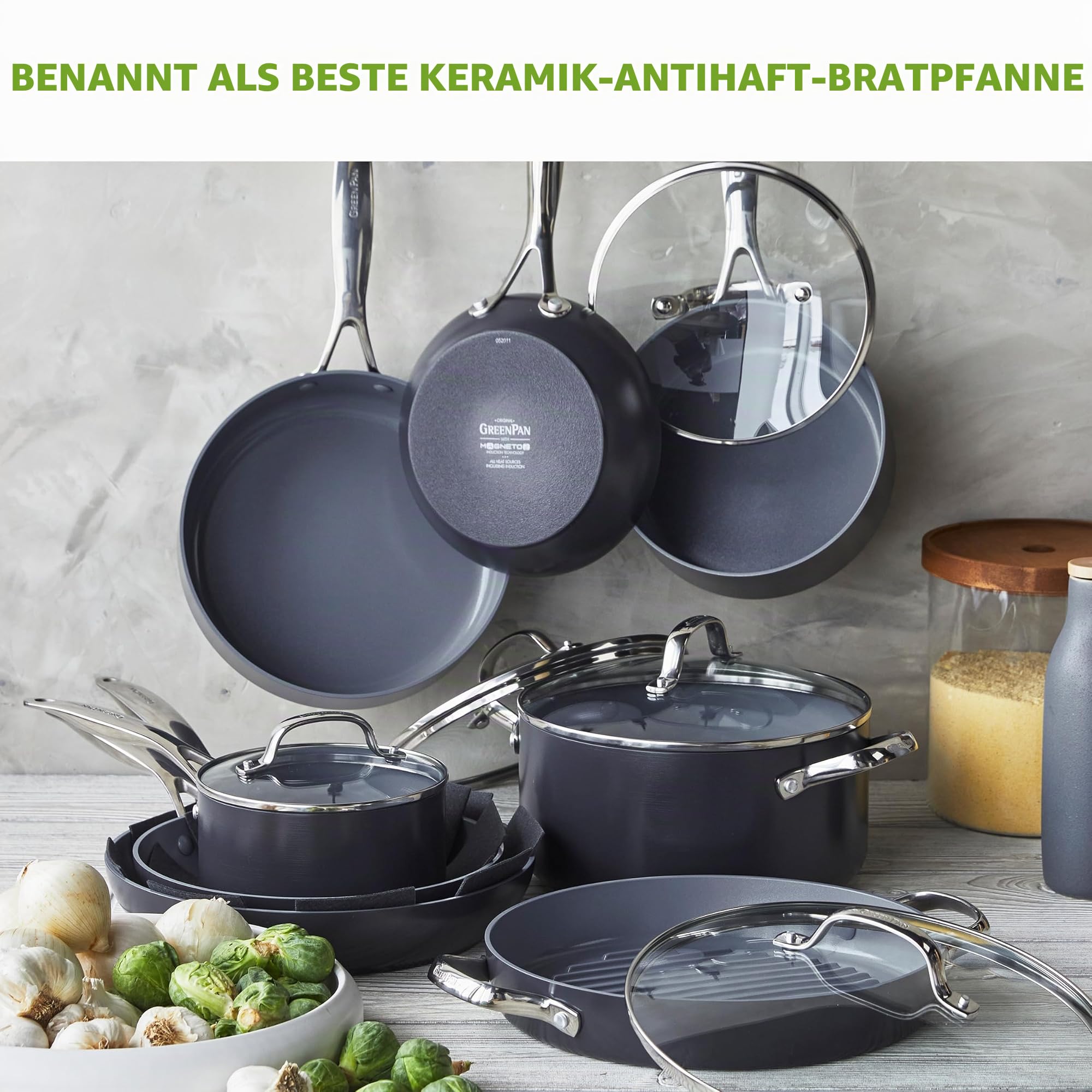 GreenPan Valencia Pro Harteloxierte Gesunde Keramik Antihaft 18 cm / 2 Liter Stielkasserolle mit Deckel, PFAS-frei, Induktion, spülmaschinenfest, Backofenfest, Grau