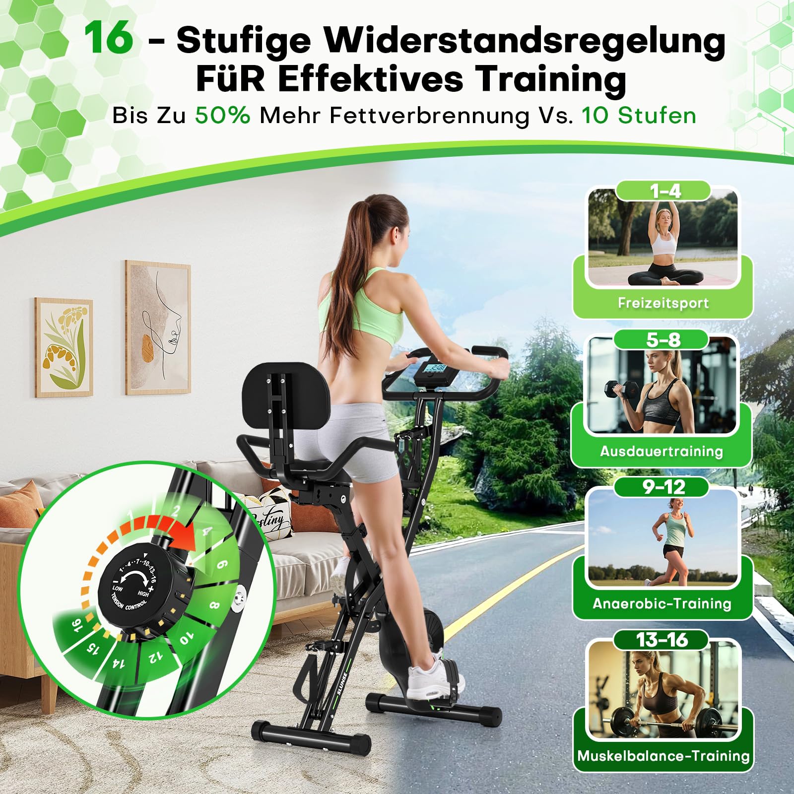 Heimtrainer Fahrrad, SLUNSE Neues 5-in-1 Hometrainer Fahrrad Klappbar, Ergometer Heimtrainer mit 16-fach Magnetwiderstand, Leise & Bequem, LCD-Display, Belastbar bis 160kg, Home Trainer