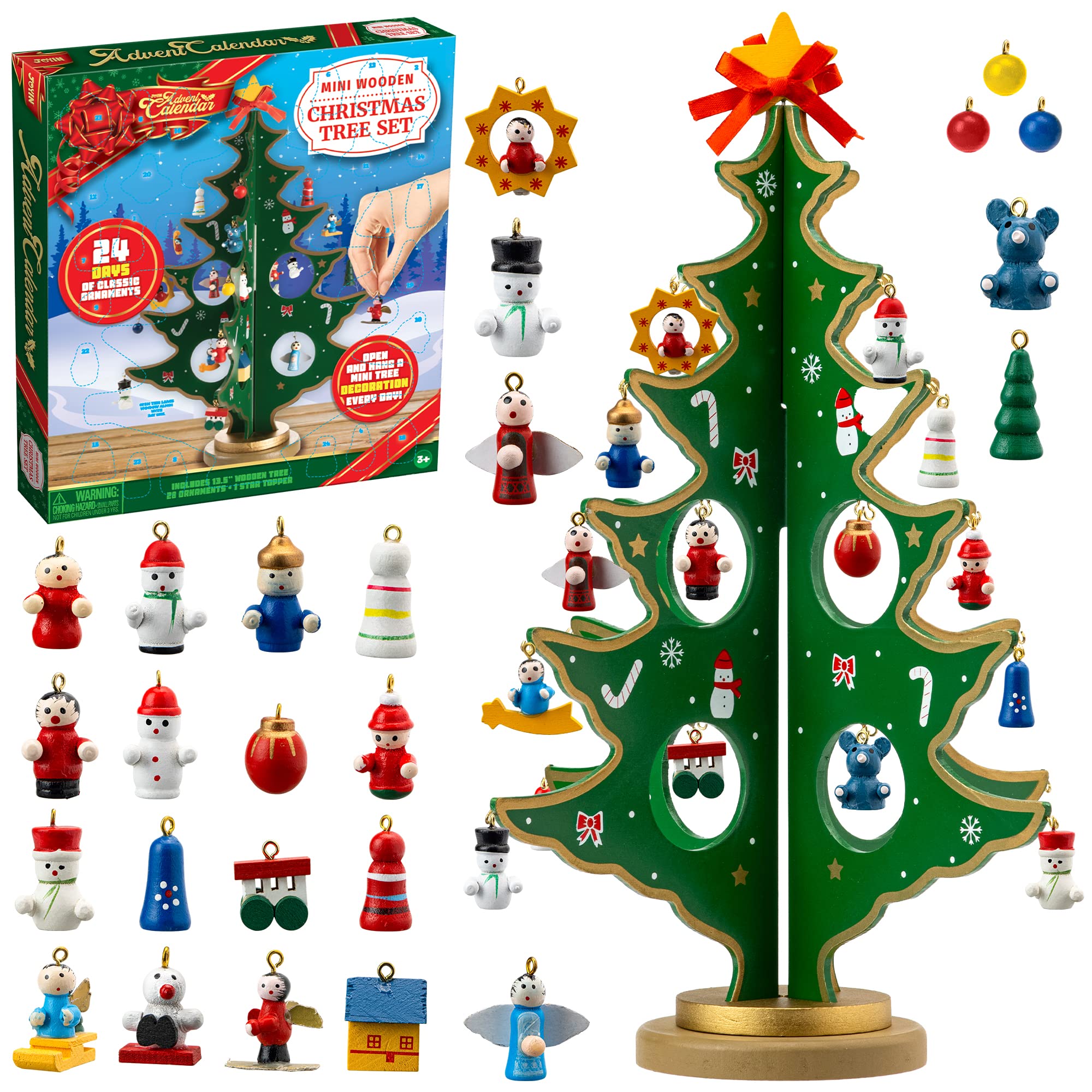 Amazon.com: JOYIN Christmas 24 Days Countdown Advent Calendar with a  Tabletop Wooden Christmas Tree and 28 Ornaments Snowman Santa Decorations  for Boys, Girls and Kids Party Favors, Classroom Prizes, Xmas Gift :