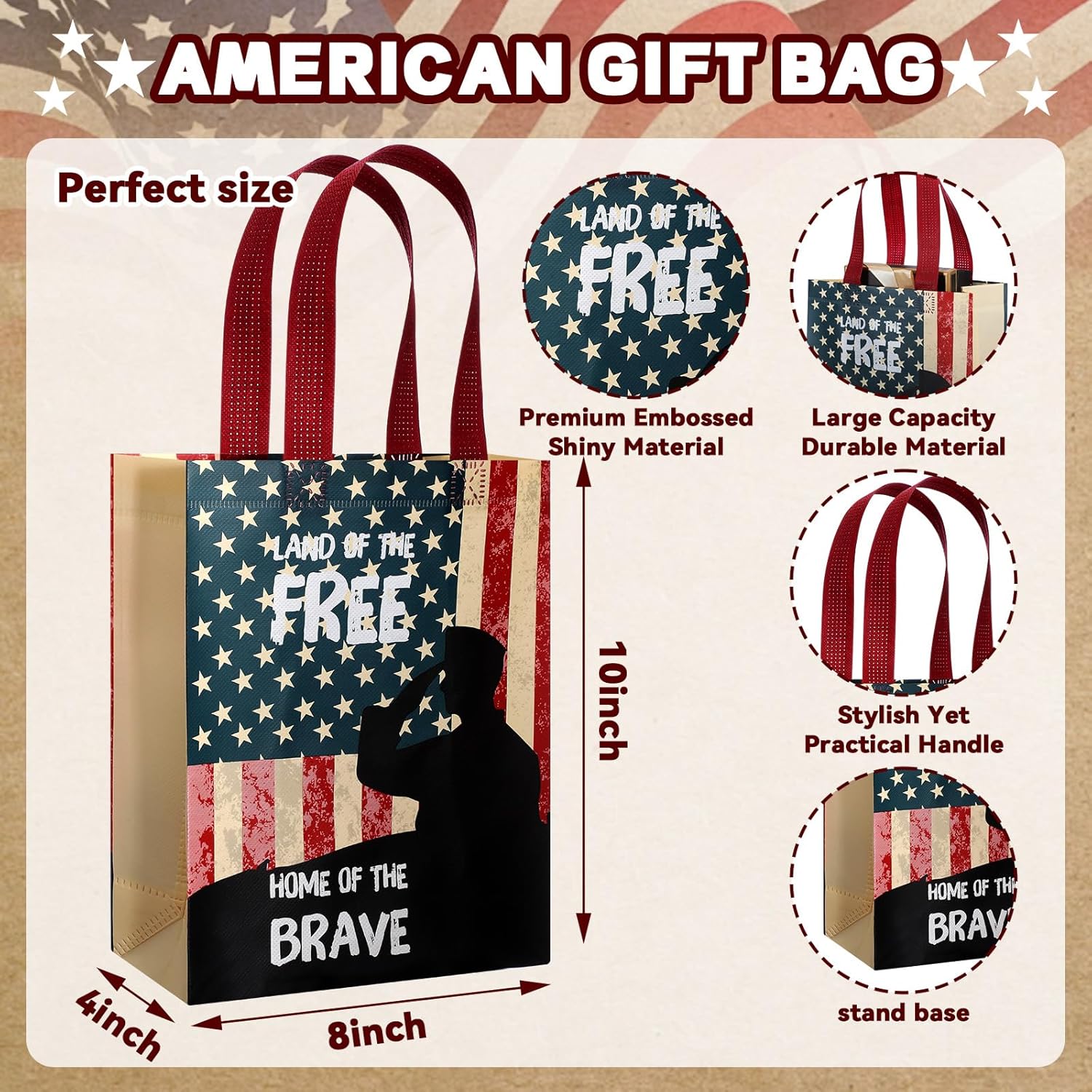 Frienda 50 Pcs Patriotic Gift Bags Bulk Memorial Day Non Woven Gift Goodie Bags with Handles American Flag USA Veteran Souvenirs Military Gifts Church Party Supplies Decorations Favors