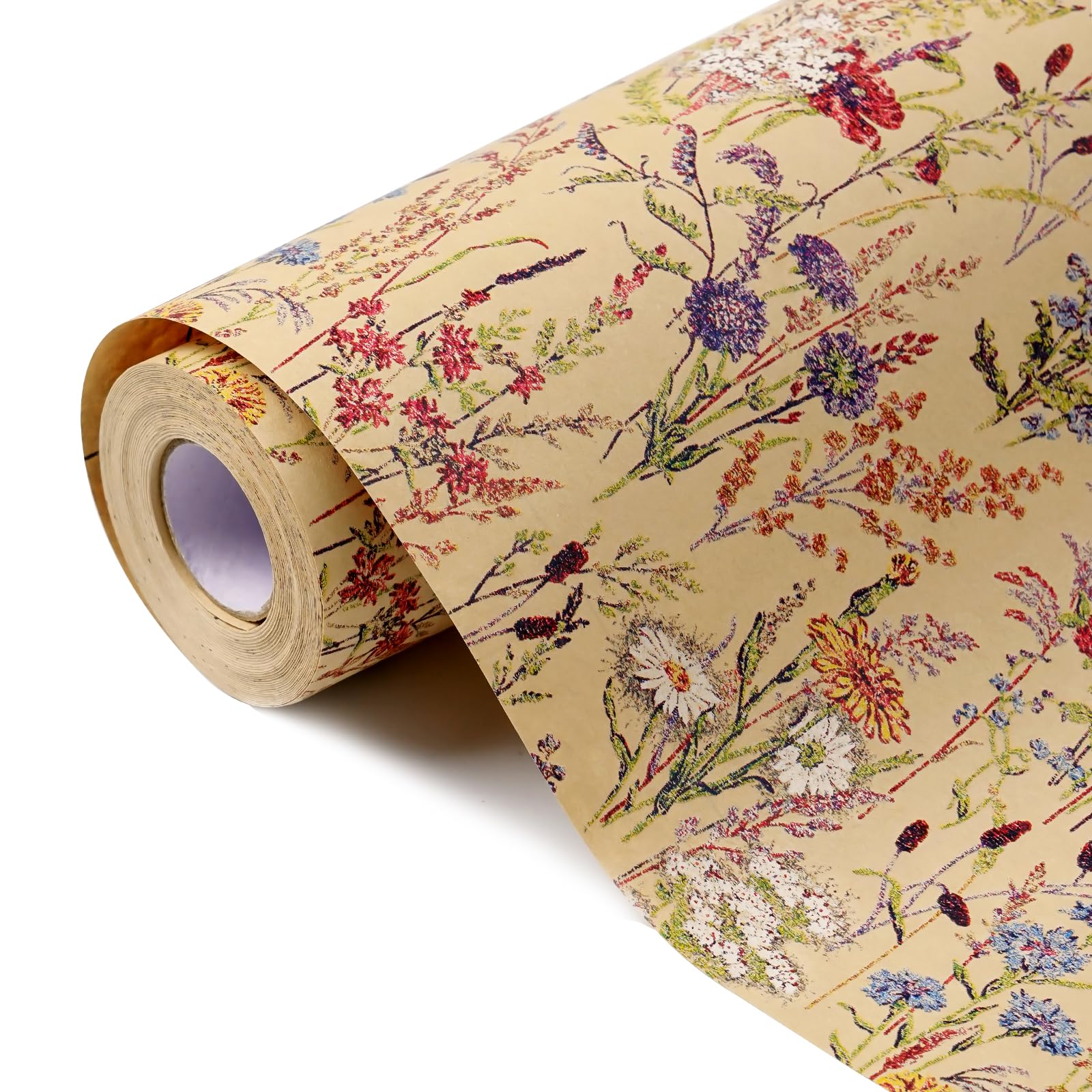 Tyzarglef Geschenkpapier mit Wildblumen-Motiv, 43,2 cm x 100 cm, Kraftpapier, Blumendesign, Geschenkpapier für Frauen, Mädchen, Geschenke, Geburtstage, Hochzeiten, Brautpartys und Verlobungen