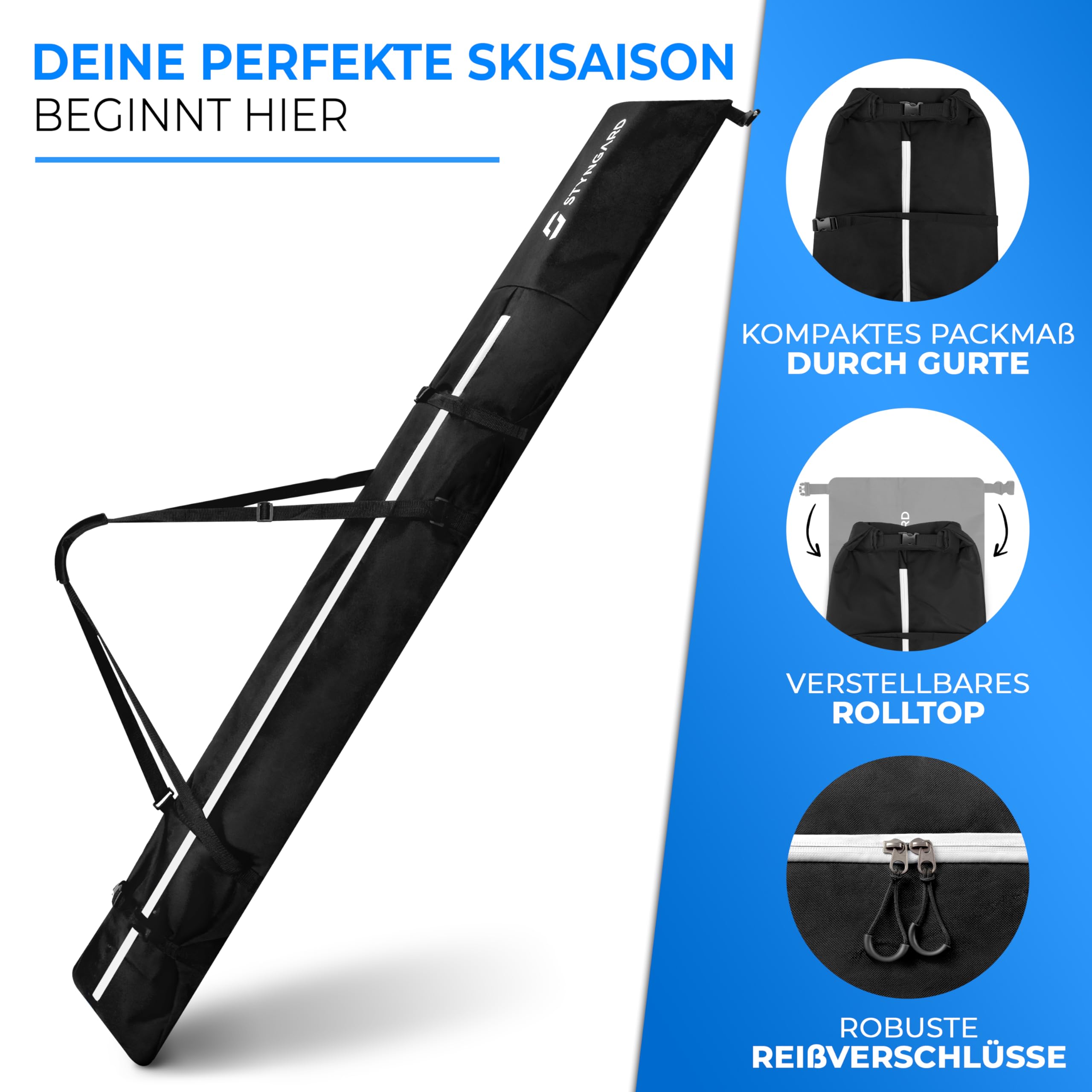STYNGARD Skitasche mit Rolltop [140 cm bis 200 cm] - Skisack aus robustem Material mit hochwertigen Reisverschlüssen - Ski Bag Modell Helsinki