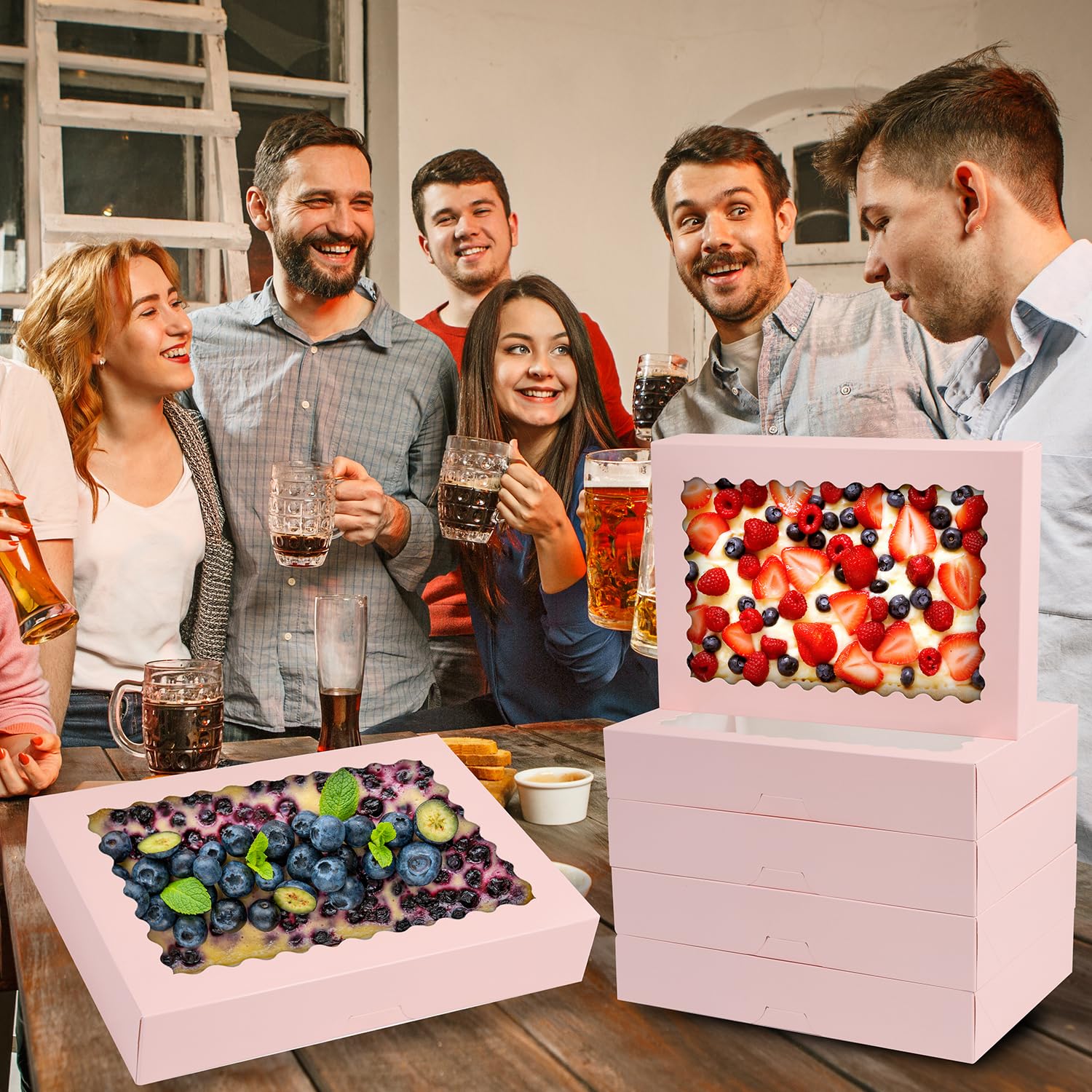 24 cajas de galletas, cajas grandes de panadería de 14 x 10 x 2.5 pulgadas con ventana para pasteles, chocolate, fresas, magdalenas, donas, pasteles, postres, Navidad (rosa)