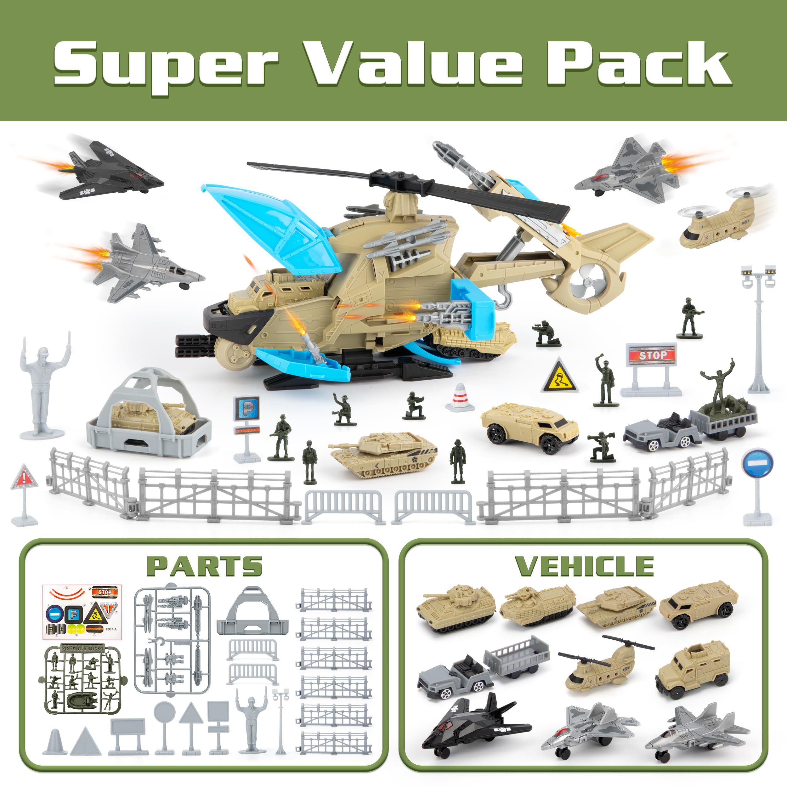 Juguetes militares de helicóptero, juego de juguetes del ejército con 10 vehículos, tanques, aviones, aviones, hombres del ejército y tapete de juego, regalo de cumpleaños para niños 2