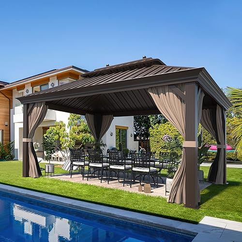 Miniatura 1 de YOLENY Gazebo de acero galvanizado de 12 x 16 pies marco de aluminio con malla y cortinas para jardín patio césped fiestas