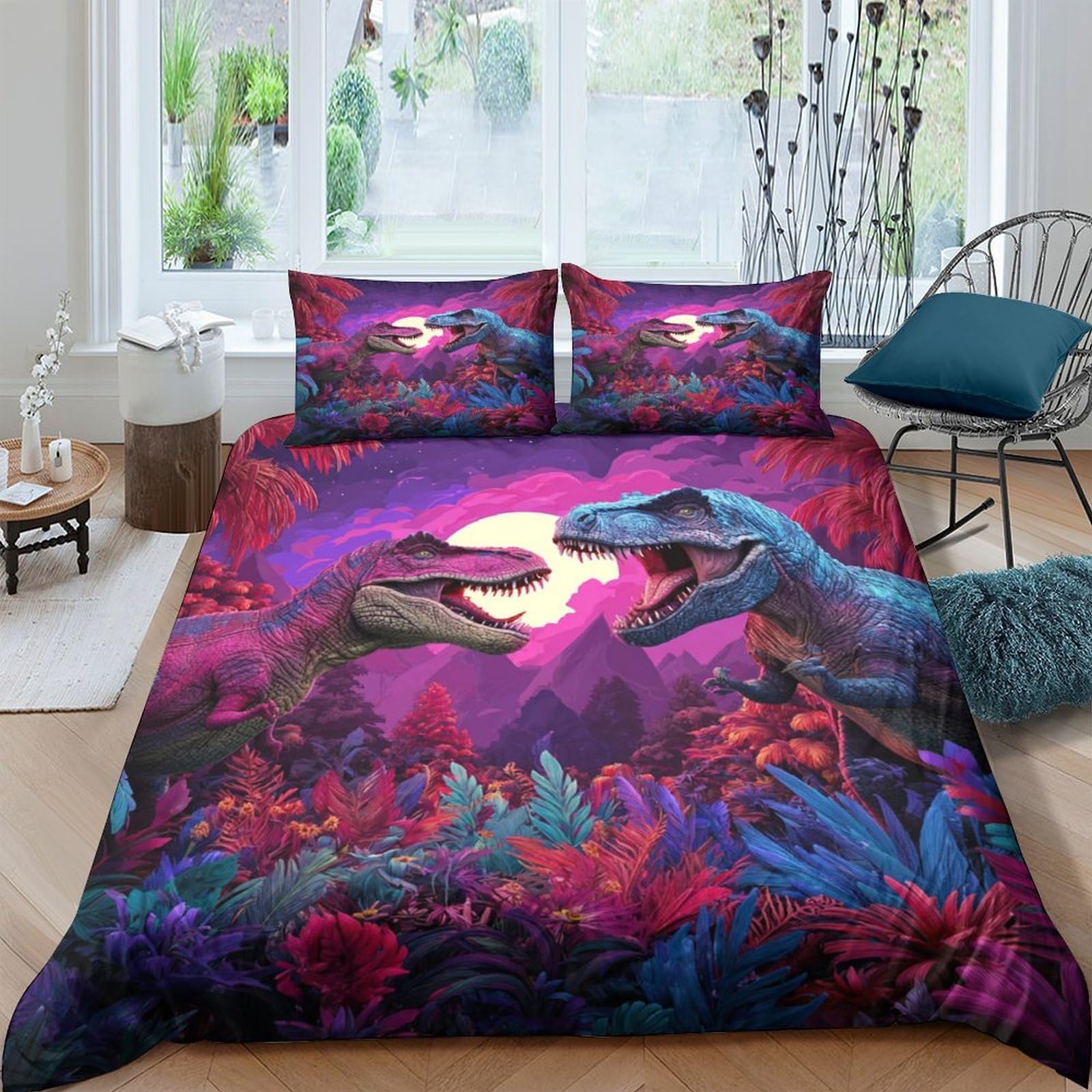 GPLZQXKJNH 3D Printed Dinosaur Sunset Duvet Cover Microfiber Soft Breathable Jungle Bedding Set with 2 Pillowcases for Bedroom Decor Single（135x200cm）