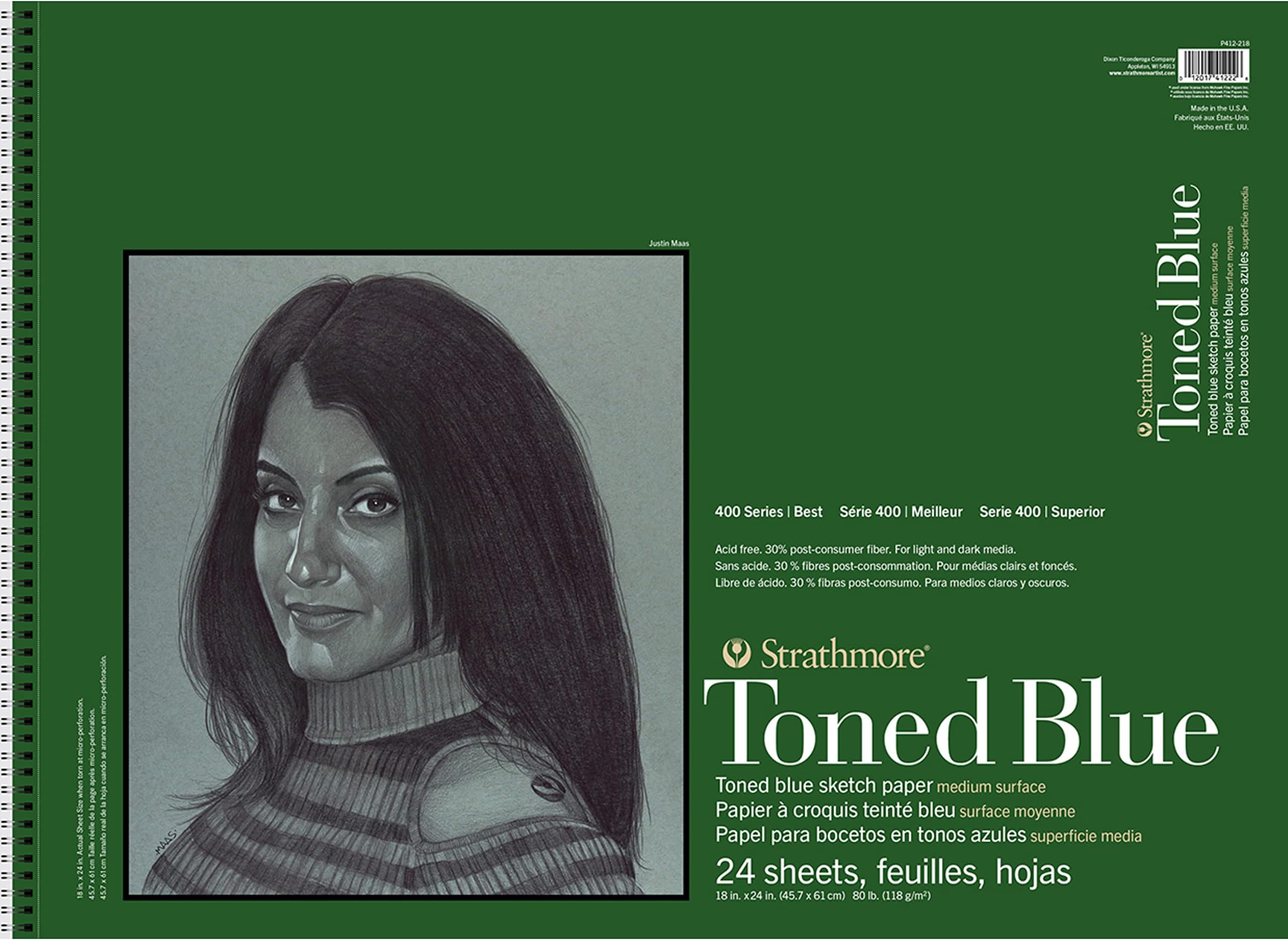 Strathmore 400 Series Sketch Paper Pad, Toned Blue, Side Wire Bound, 18x24 inch, 24 Sheets (80lb/118g) - Artist Sketchbook for Adults and Students - Graphite, Charcoal, Pencil, Colored Pencil