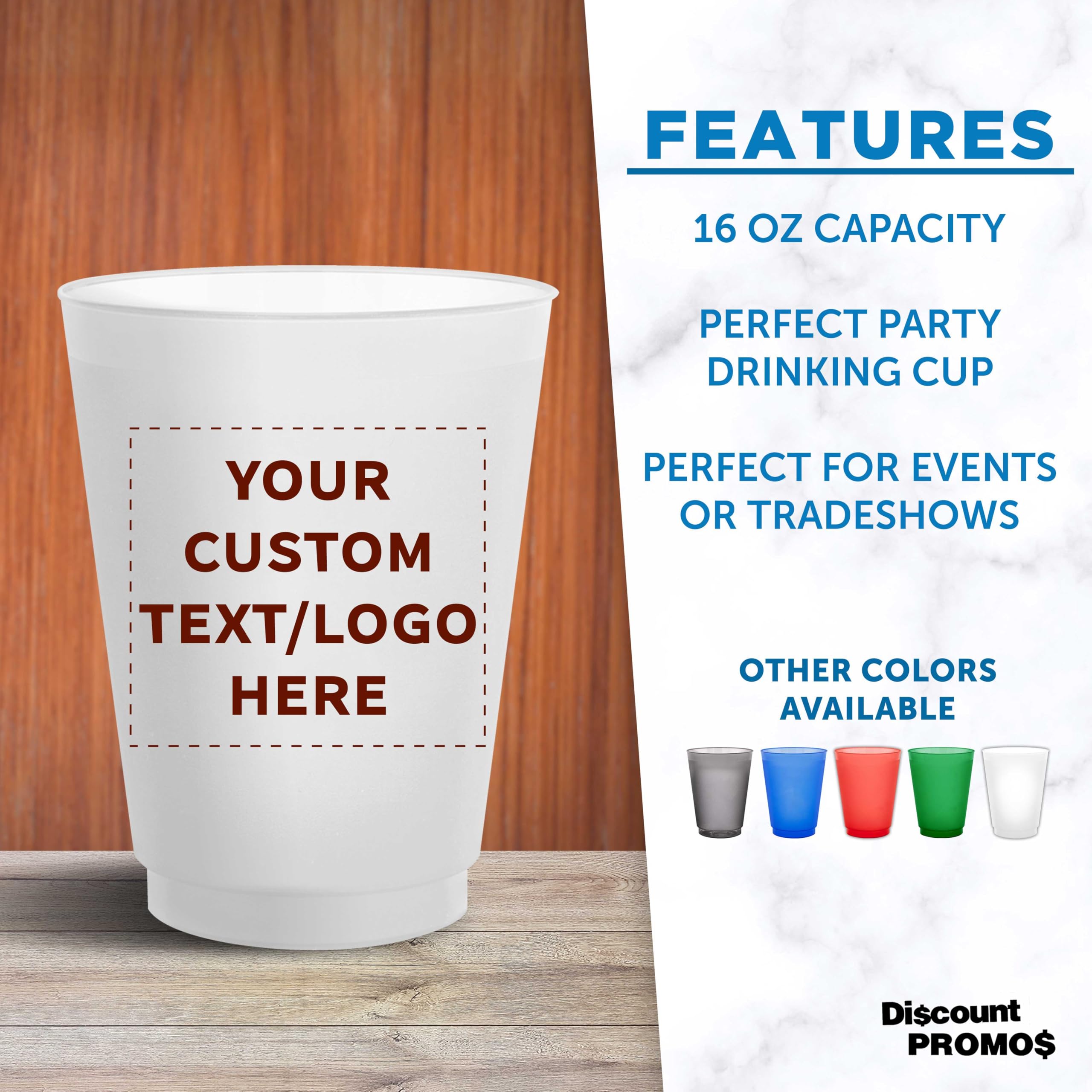 Amazon.com: DISCOUNT PROMOS Custom Frosted Plastic Stadium Cups, 10/50/100  pack, Promotional Text, Logo, 16 oz. Shatterproof Flexible Reusable Party  Cups, Natural : Home & Kitchen