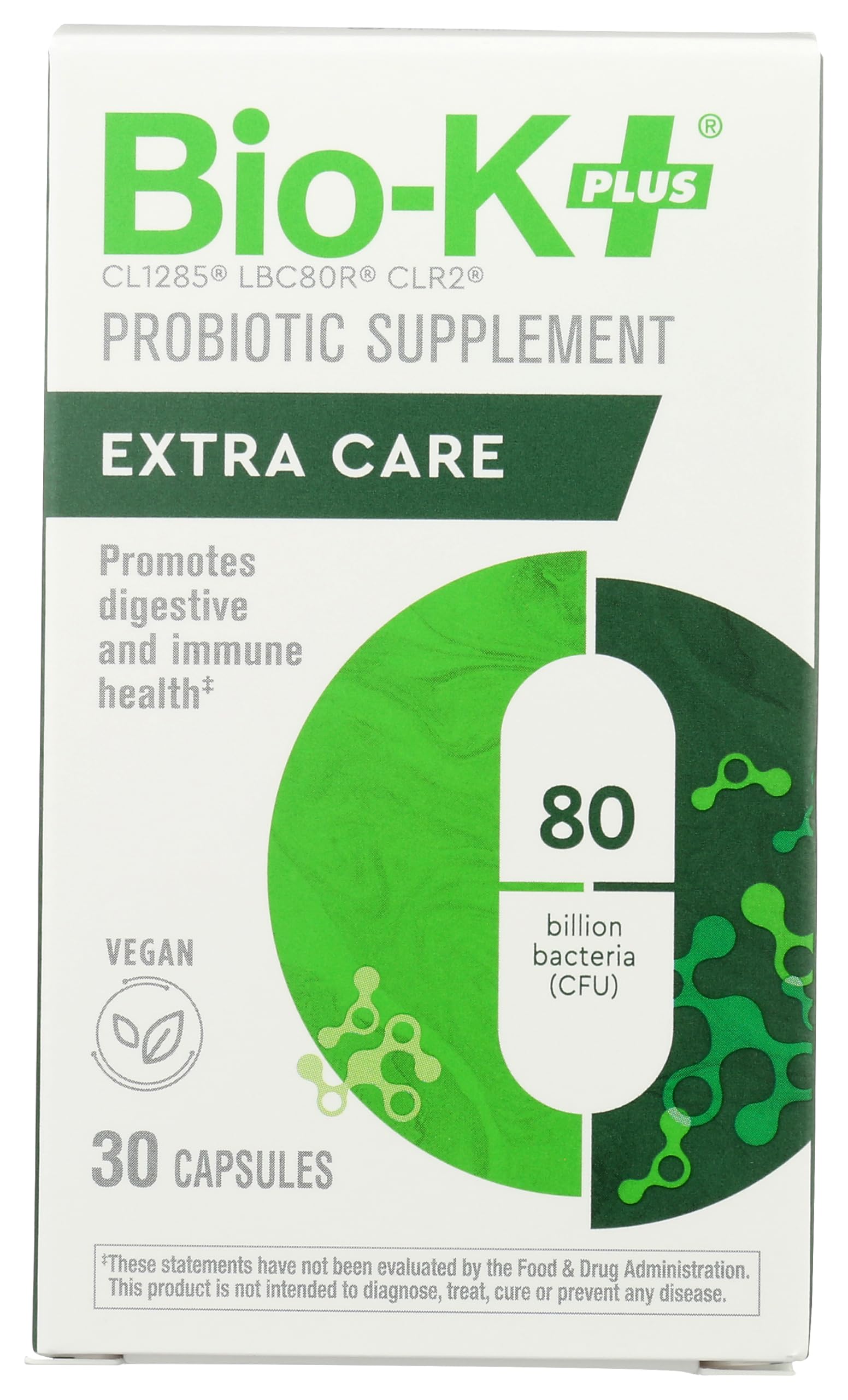 Bio-K + Extra Care Probiotic Supplement Capsules for Adult Men and Women, 80 Billion Active Bacteria, Promotes Immune System Health - Vegan & Gluten-Free Delayed Release, 30 Capules/Box]