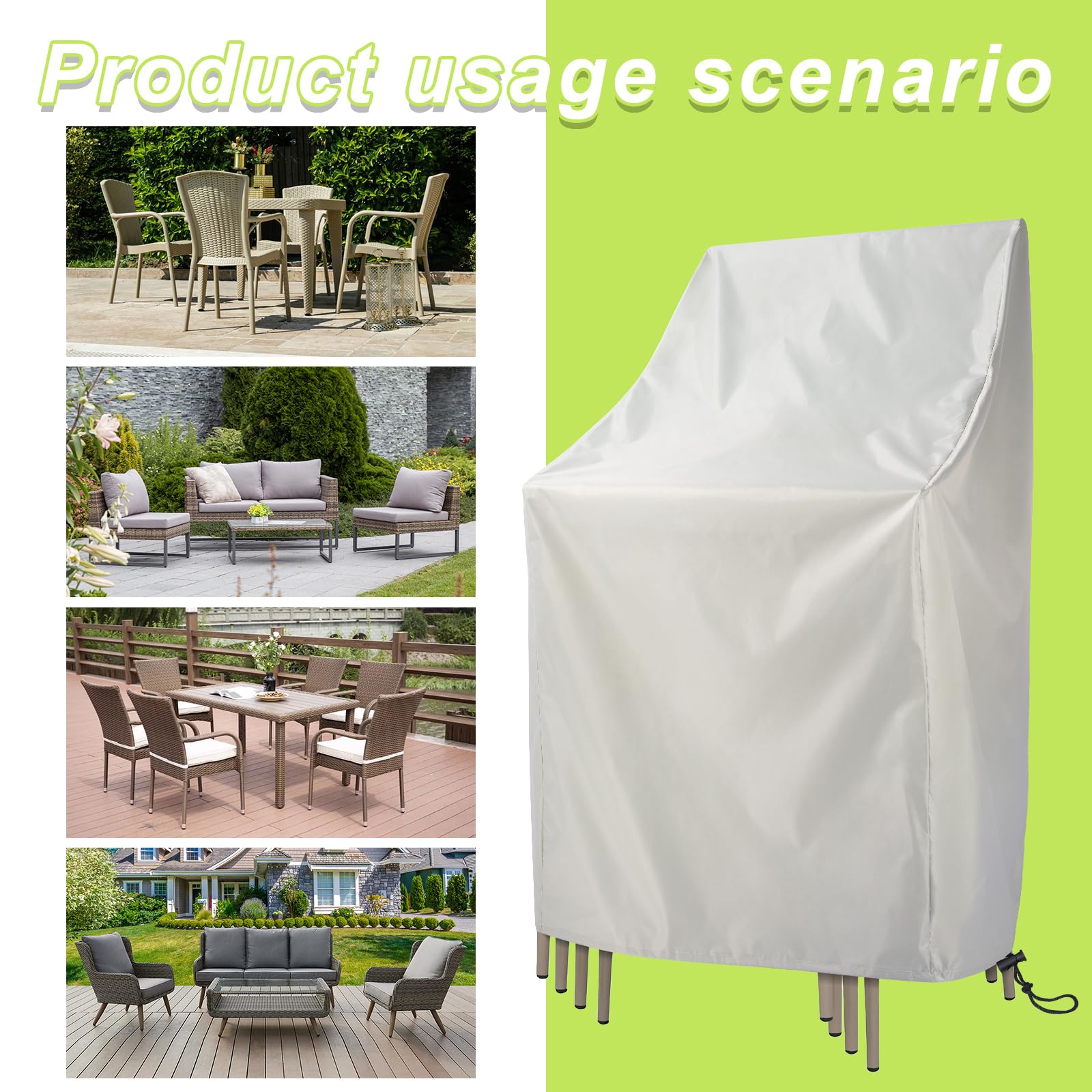 Funda para Sillas Apiladas Impermeable Fundas Sillas Terraza Exterior con Cordón,210D Oxford Protectora Sillas de Jardin,64x64x120/70CM (Beige) - 5