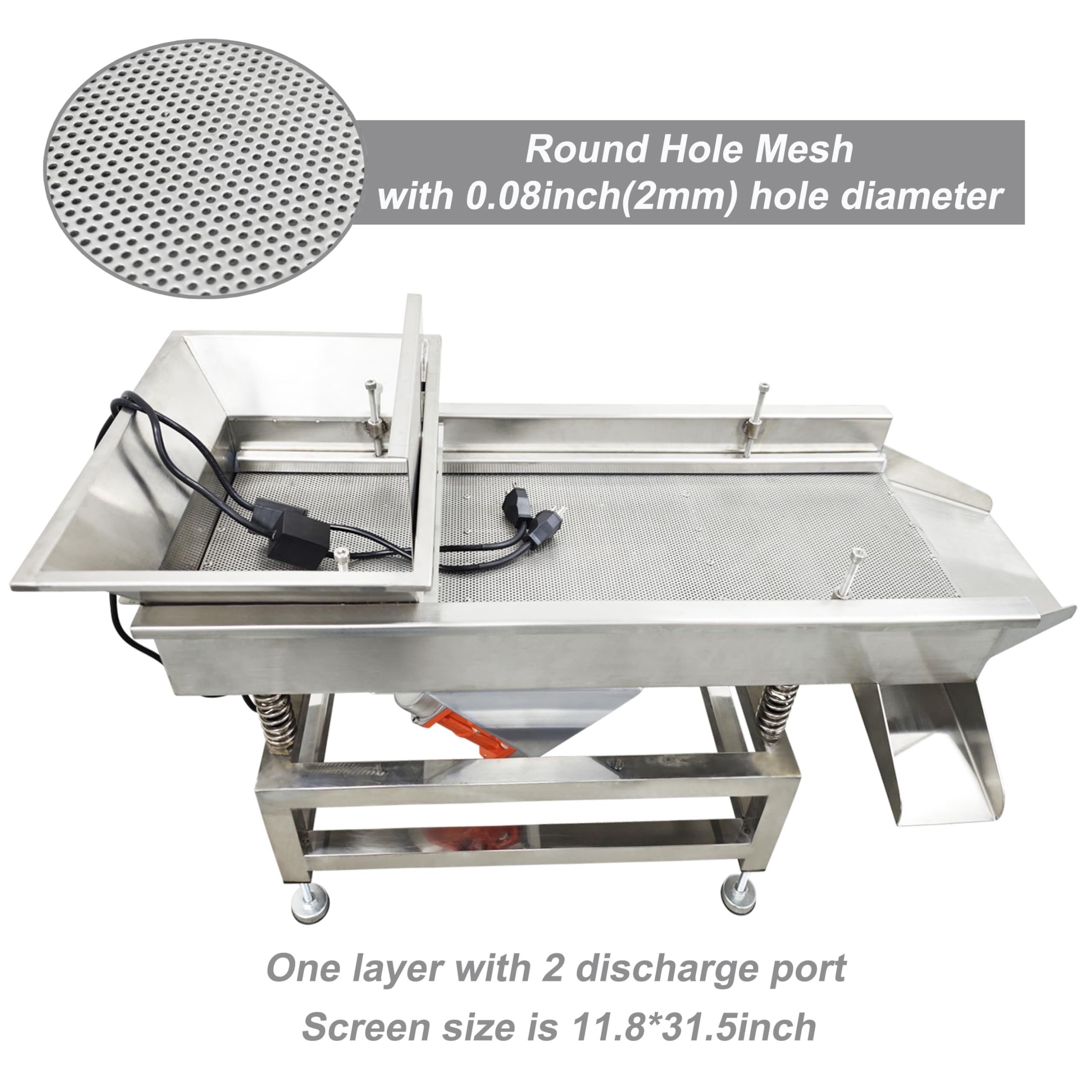TECHTONGDA Straight Vibrating Sieve Screen Shaker Electric Linear Sifter Machine Stainless Steel One Layer Two Motors 2mm Round Hole Screen Size 11.8×31.5inch 110V