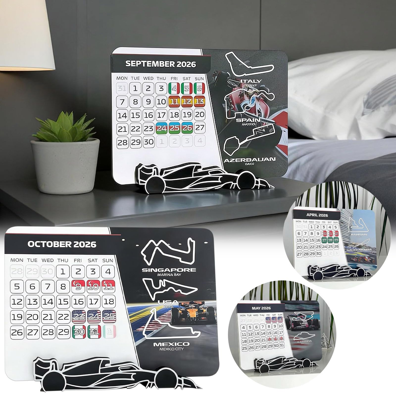 Calendrier de course F1 2026 - 18 x 14 cm - Grand calendrier de course pour le bureau avec calendrier complet - Calendrier de course 2026 avec support - Planificateur de course pour les fans de sport