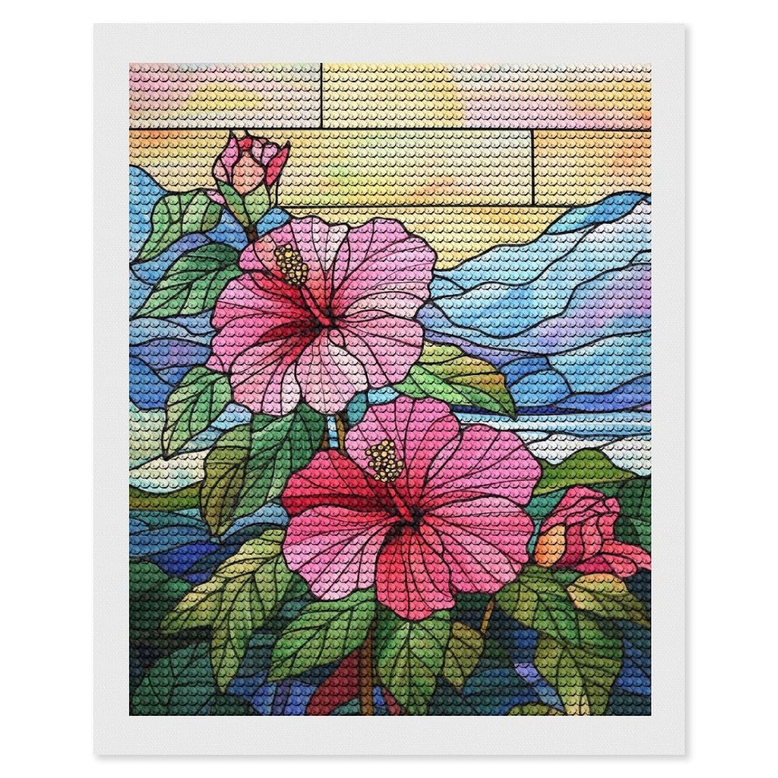 Junmoney Stained Glass Hibiscus Diamond Painting Canvas Set 16"x20", for Adults, Sparkling Round Gems, Thoughtful Handmade Gift, Modern Decor
