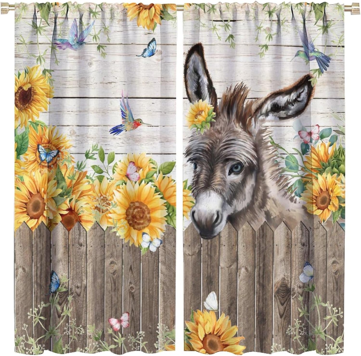 Funny Cute Donkey Rod Pocket Blackout Curtains for Living Room,Room Darkening Rustic Farm Animals Donkey Butterfly Flower Sunflower Window Treatment,2 Panels 45" L x 21" W