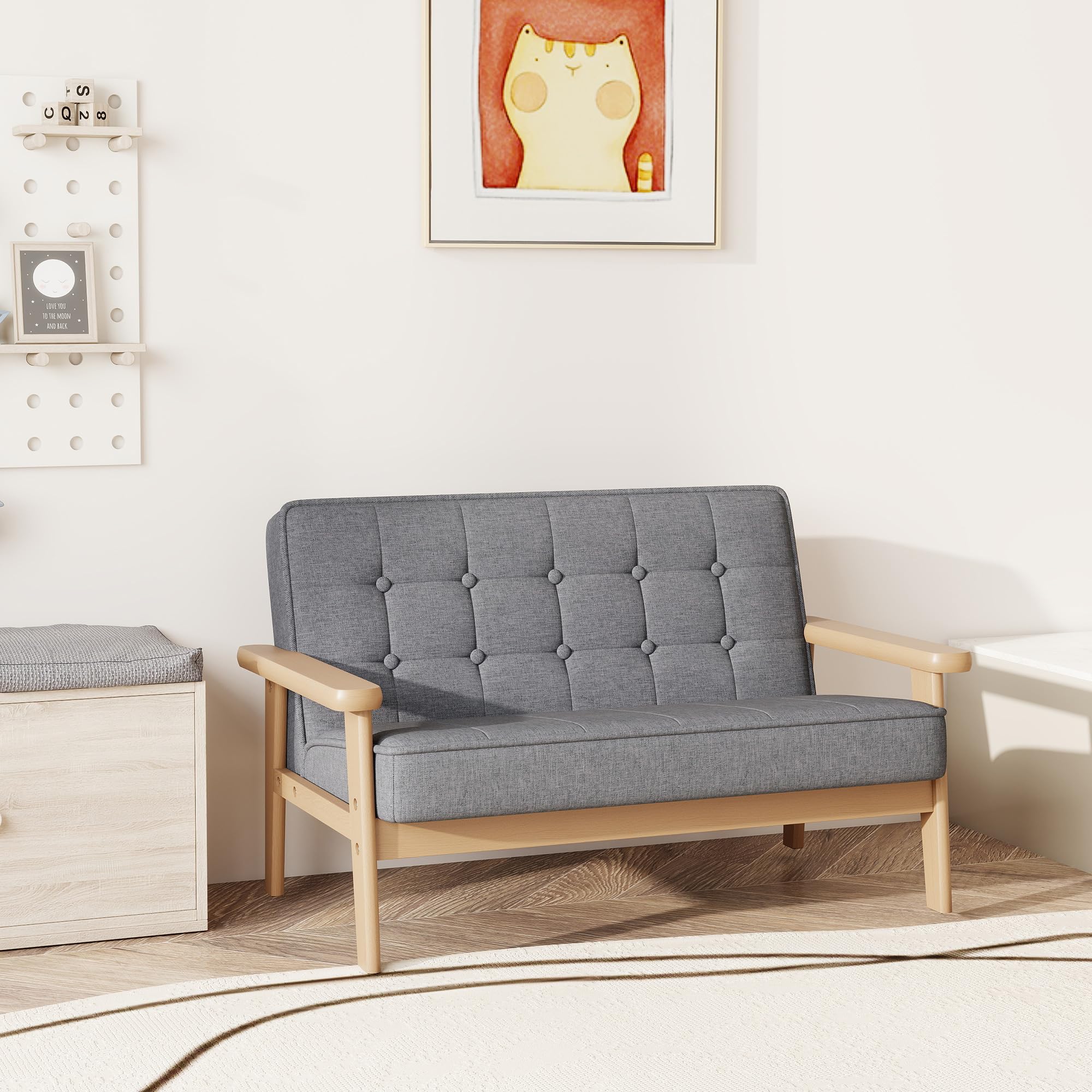 AIYAPLAY Sofá para Niños de 2 Plazas, Sillón Infantil de Felpa Suave con Estructura de Madera, Asiento y Respaldo Acolchados, Reposabrazos, para Niños de +3 Años, para Dormitorio, Sala de Juego, Gris