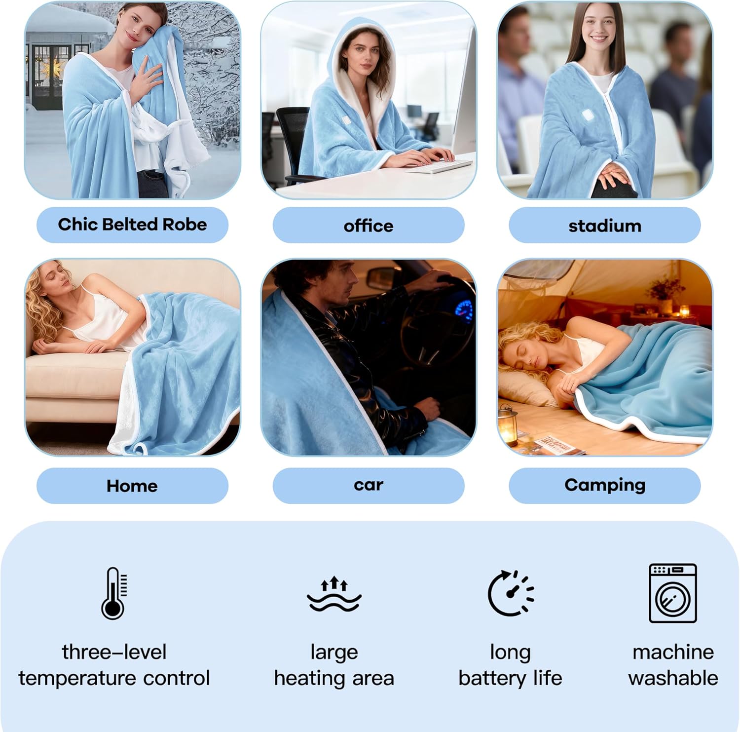 Wearable Heated Blanket with 20000mAh Power Bank, 11 Heating Zones, 3 Heat Levels, Timer, USB Powered, Machine Washable, for Camping, Office, Travel, Home Use (Snowy Blue) - Image 7