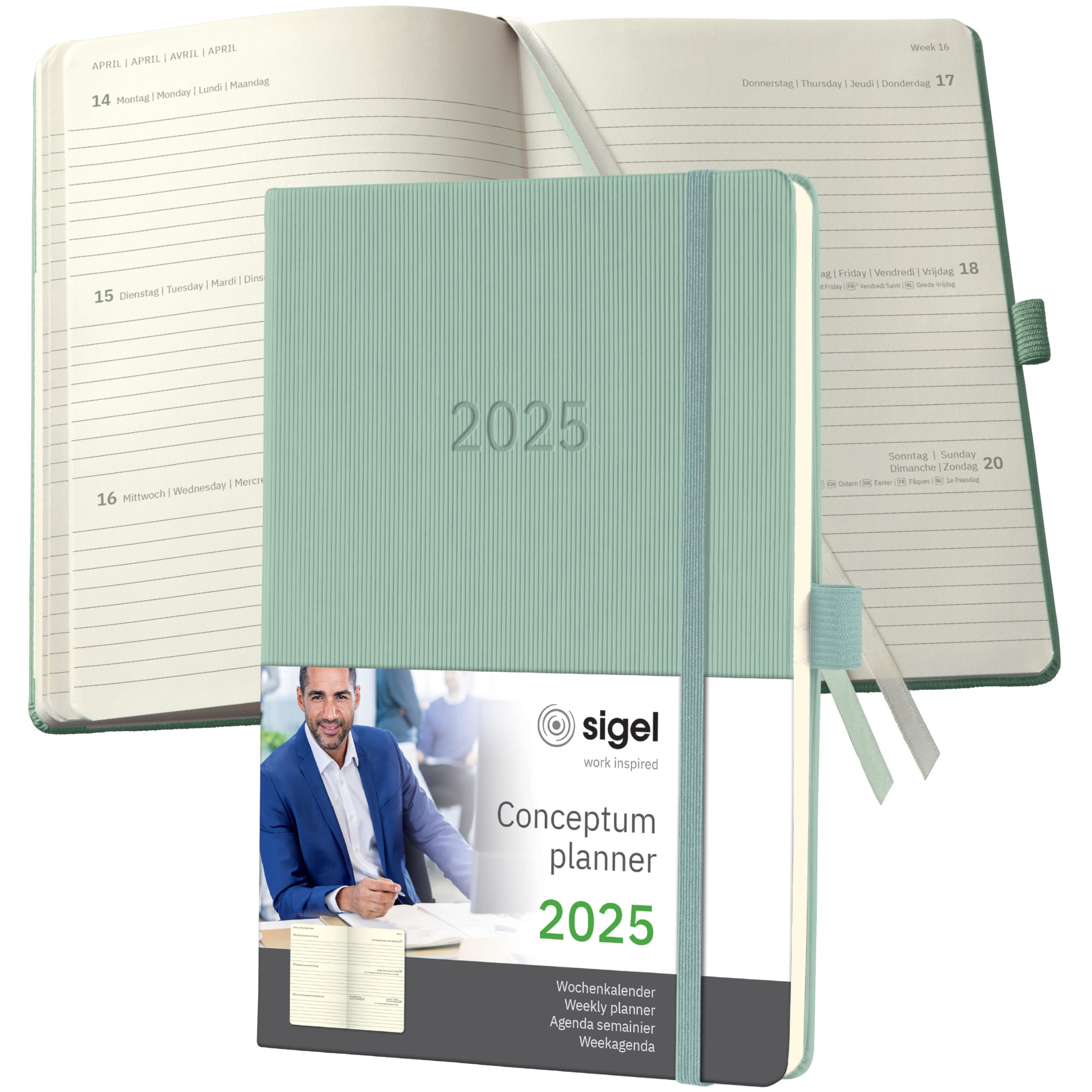 SIGEL C2572 Conceptum Weekly Planner 2025, Approx. A5, Green, hardcover, 2 Pages = 1 Week, 192 Pages, ca. A5