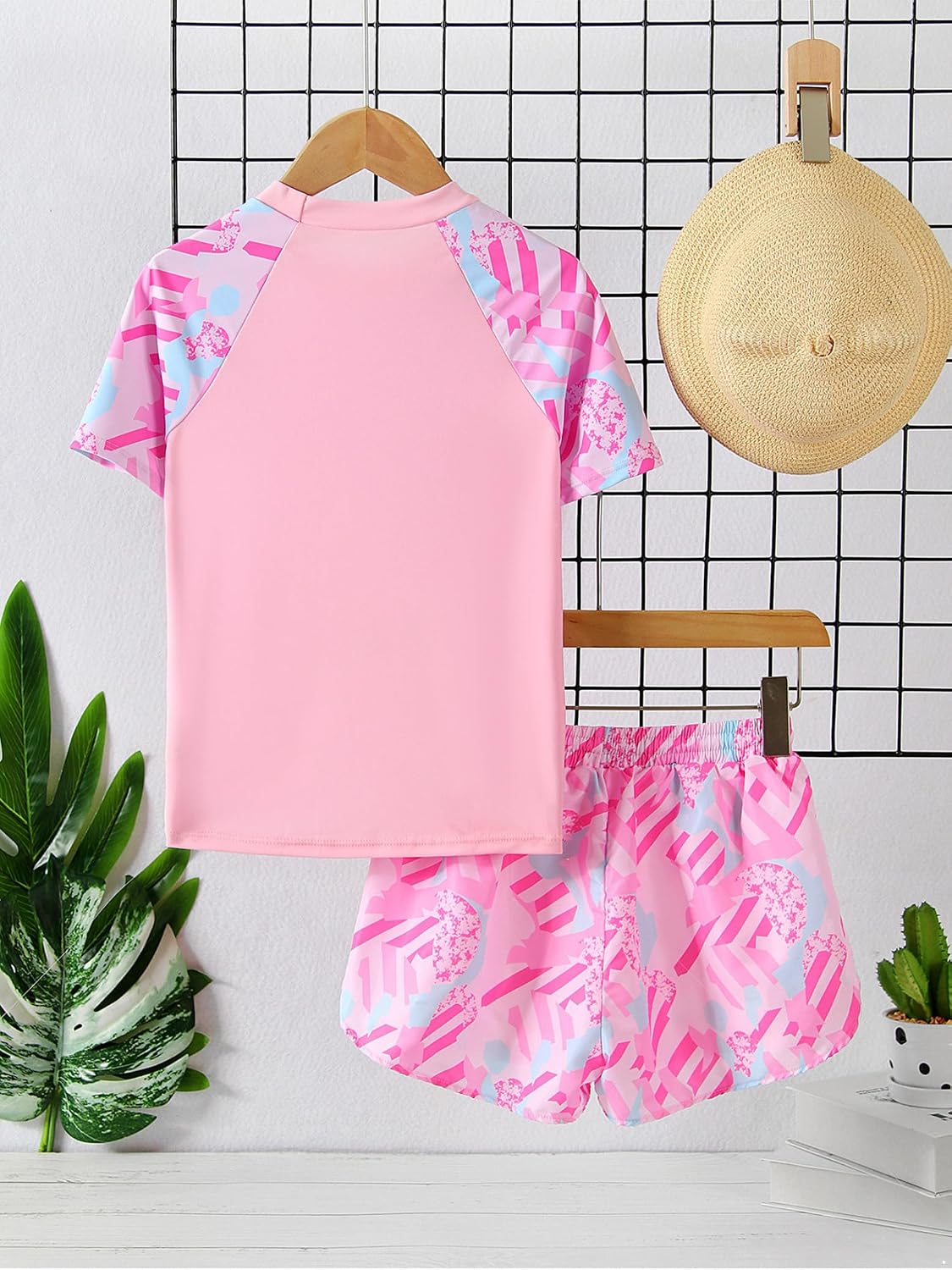 Kids Girls 2Pcs Rash Guard Swimsuit Short Sleeve Zipper Swim Tops and Shorts Sun Protection Bathing Suit