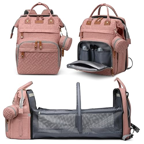 Miniatura 1 de Mochila para pañales con cambiador, mochila grande para pañales de viaje impermeable con puerto de carga USB, Rosado, Moderno