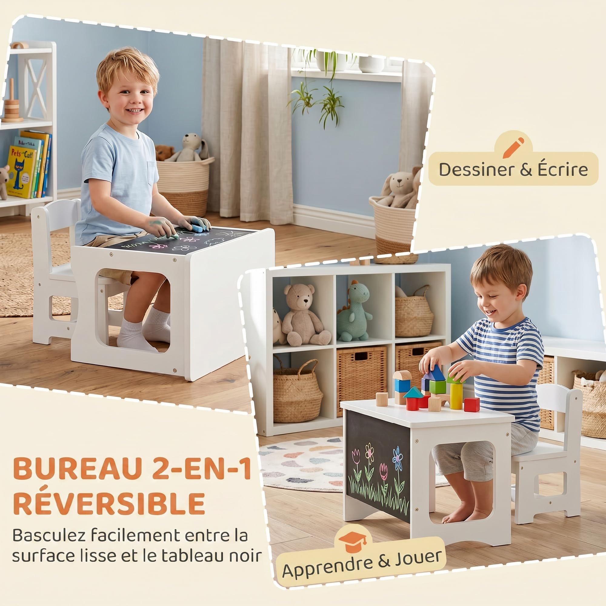 AIYAPLAY Bureau et Chaise pour Enfant Plateau Réversible 3 à 6 Ans Blanc