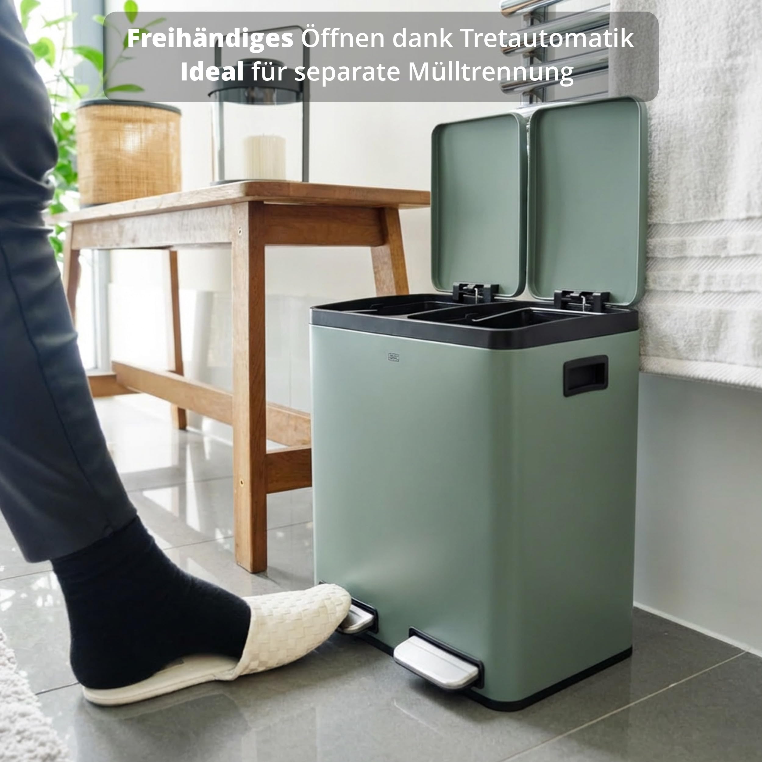 KHG Mülleimer 30 Liter (2x15L) Grün mit Tretfunktion - Abfalleimer zur Mülltrennung mit 2 separaten Deckeln, pulverbeschichtetes Eisen, herausnehmbare Inneneimer aus Kunststoff