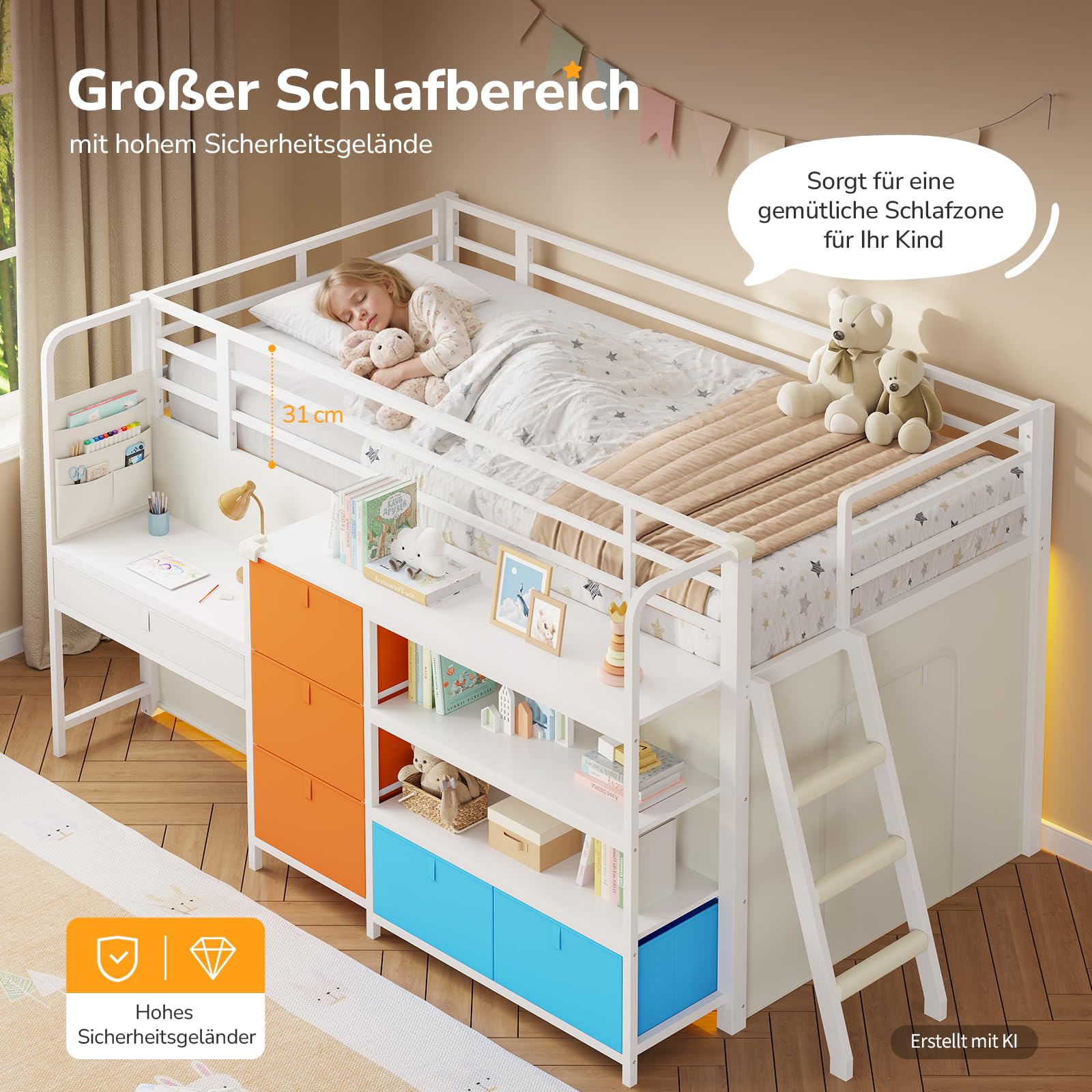 Kinderhochbett 90x200,Weiß+Gelb+Blau | LED-Licht, Schreibtisch, Stauraum, Spielhöhle. 4-in-1: Schlafen, Lernen, Stauraum, Spielen