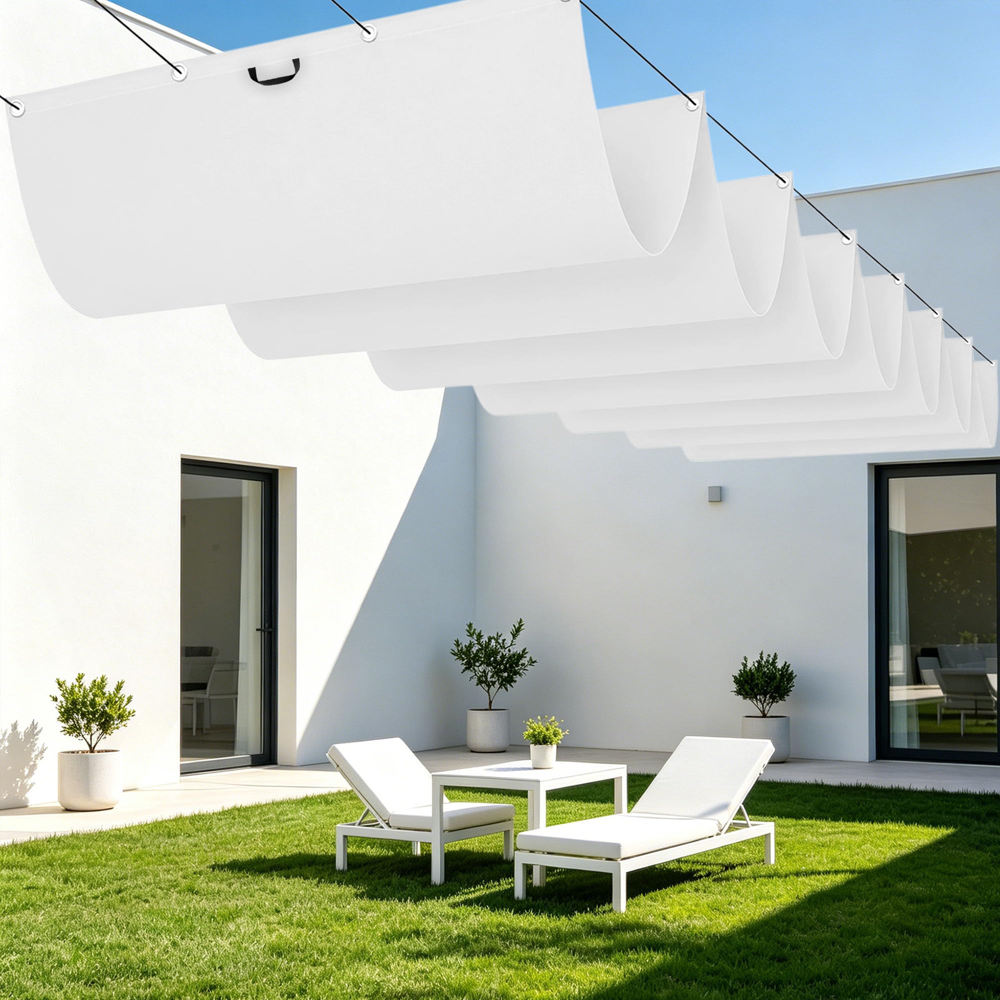 Voiles d'ombrage blanc 350 x 480 cm pour aménager un salon de jardin ombragé sur le balcon