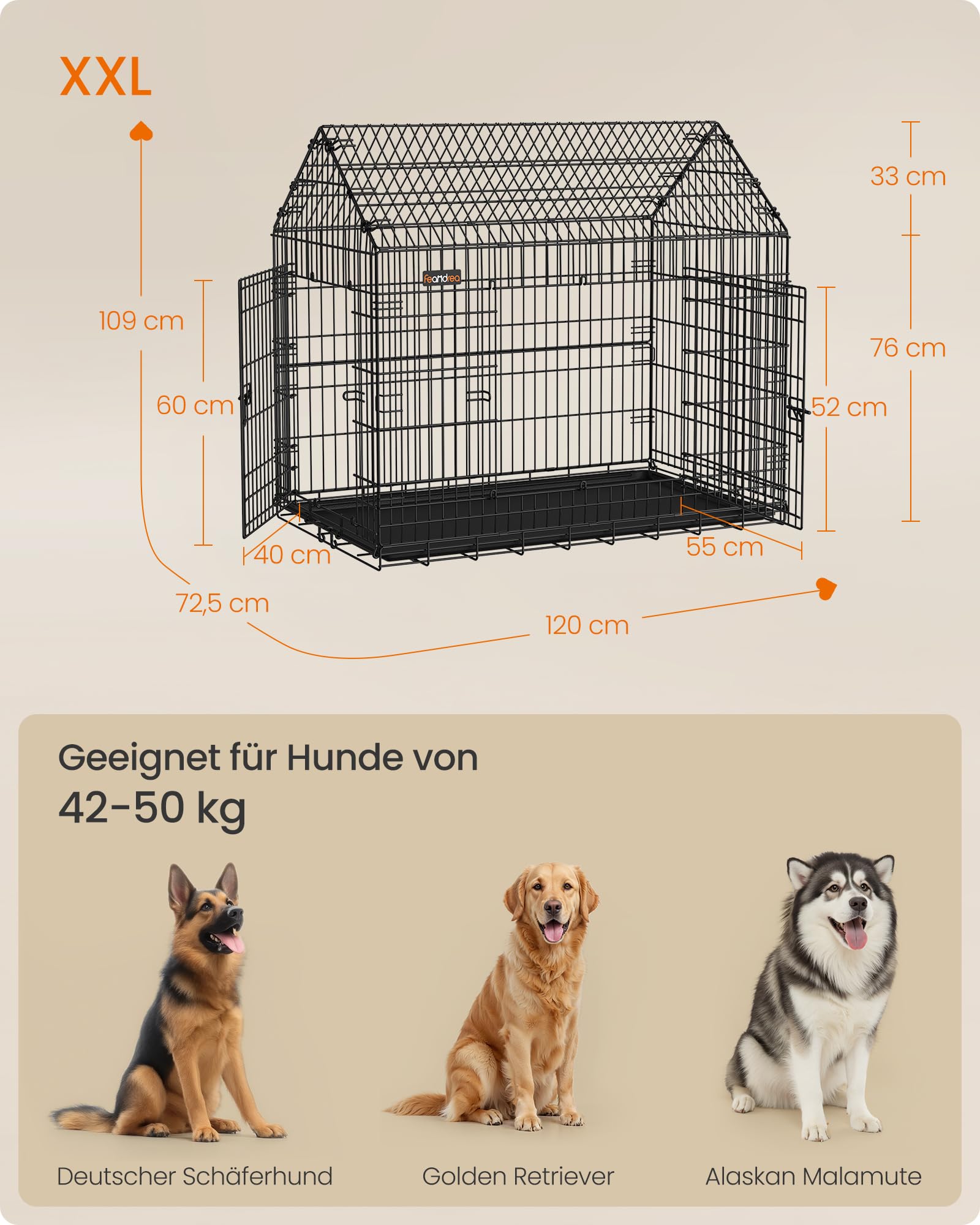 Feandrea Hundekäfig, Hundebox, 120 x 72,5 x 109 cm, Metall, Haustierkäfig faltbar, XXL, für große Hunde, mit Doppeltür, leicht zu reinigen, für Zuhause, Auto, tintenschwarz PPD015B01
