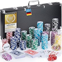 GOODS+GADGETS Poker Case with 300 to 500 Poker Chips, Deck of Cards, Dice, Dealer Button; Aluminum Case with Lock (Black, 500 Chips)
