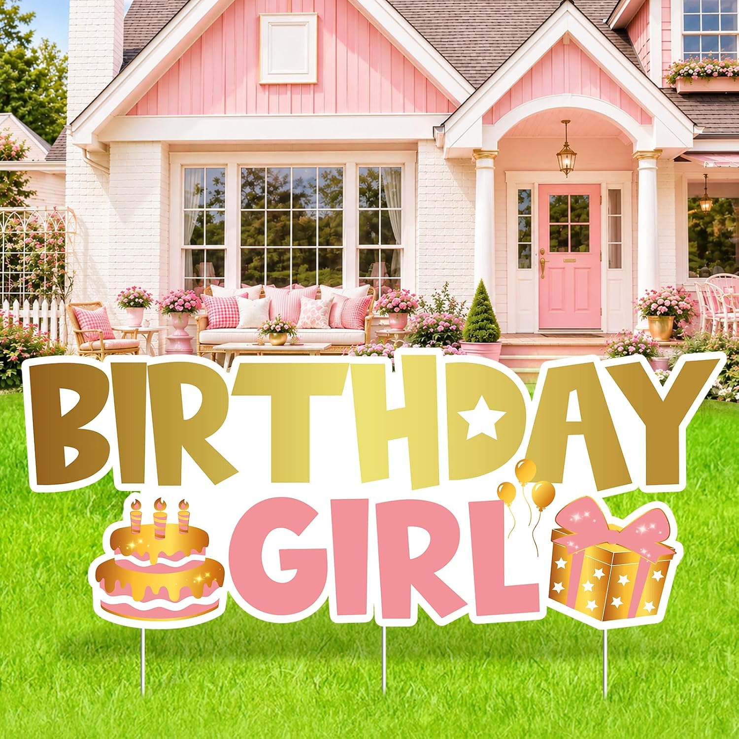 Birthday Girl Yard Sign with Stakes Pink Gold Happy Birthday Lawn Sign Decoration Sweet Cake Gift Bday Party Outdoor Decor for Girls Yard Pathway Garden Baby Shower Party Supplies