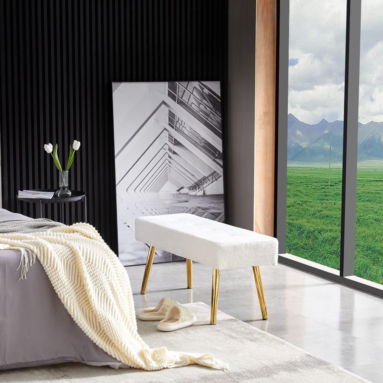 Modern Entryway Bench with Thick Cushion, Solid Tufted Ottoman, No Arms, Dining Bench for Living Room, Bedroom