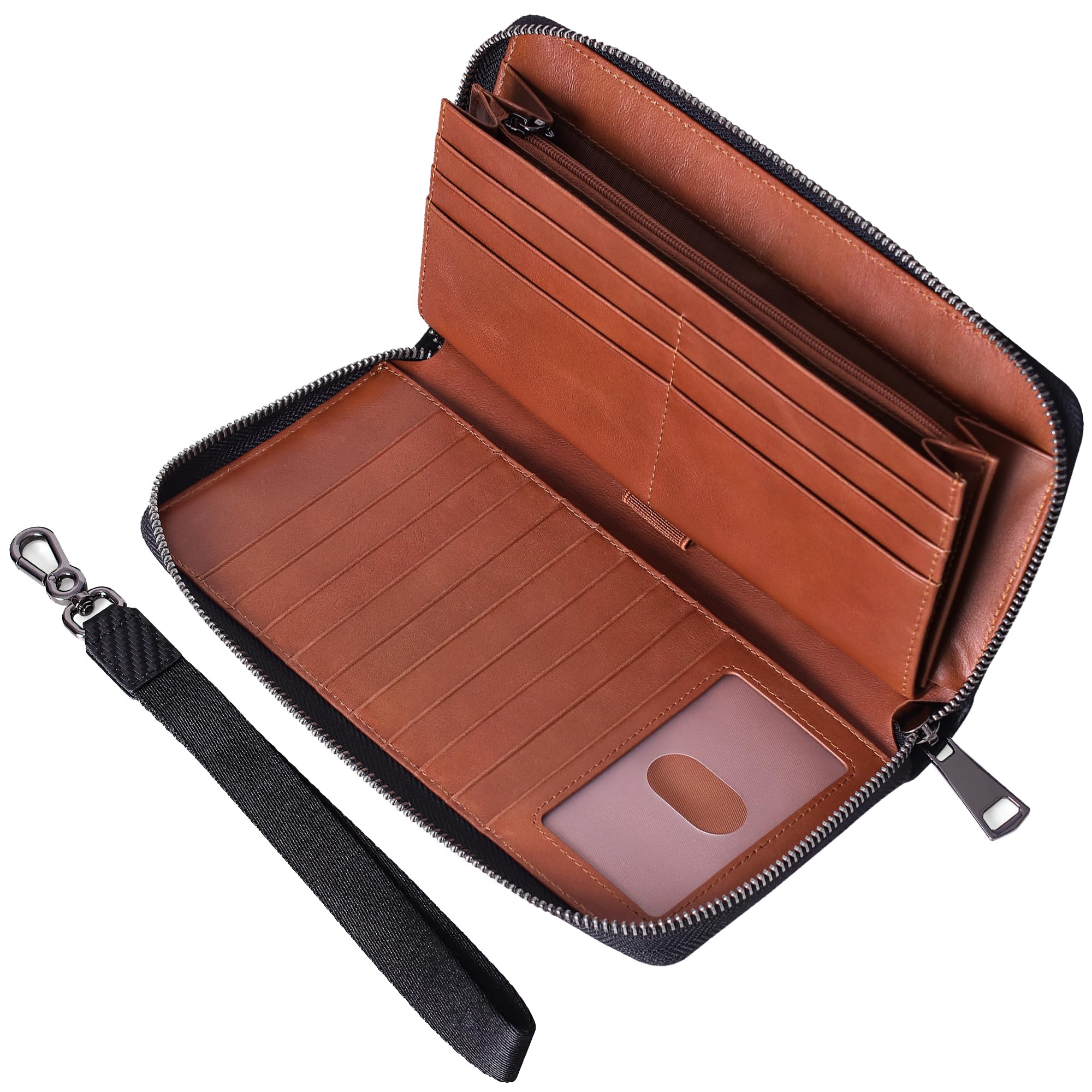 VISOUL Portafoglio Lungo da Uomo con Cinturino da Polso Staccabile, Portafoglio per Libretto Degli Assegni con 15 Scomparti per Carte-Nero+Marrone