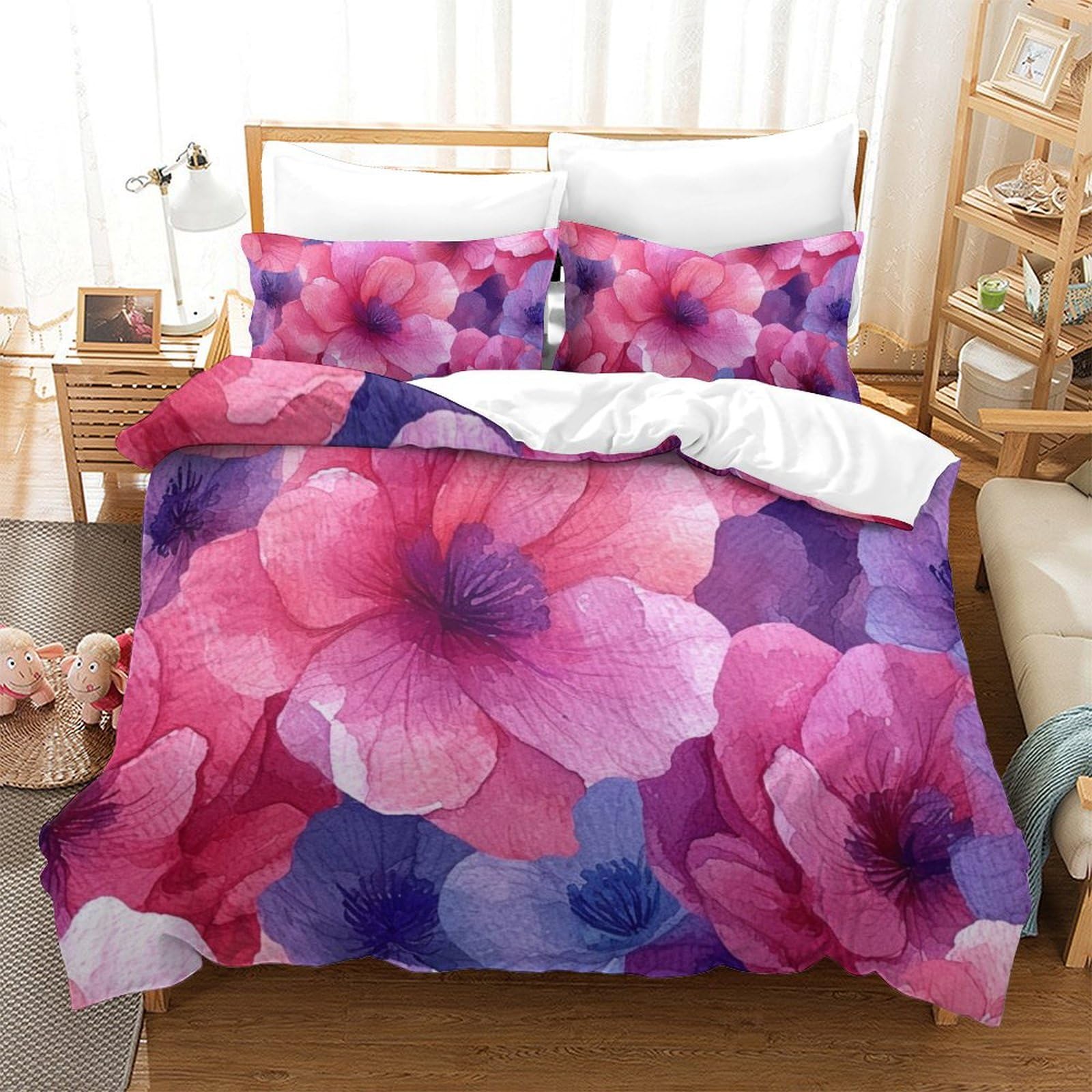 Housse de couette 3D aquarelle fleurs 260x220 cm avec taies pour lit super king