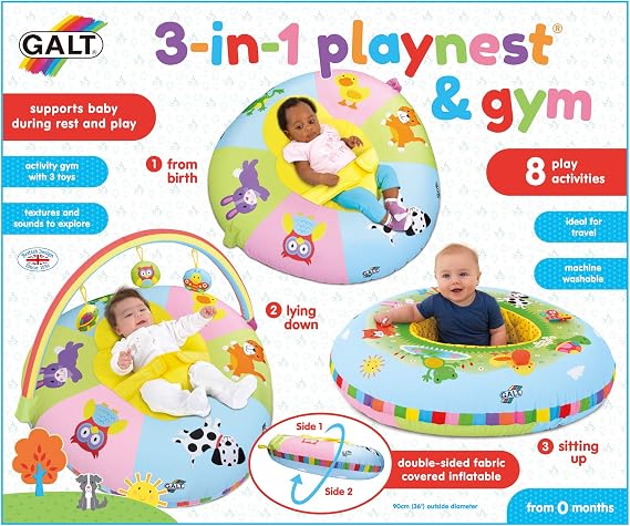 Galt Toys, 3 in 1 Playnest & Gym, Baby Activity Center & Floor Seat, Ages 0+, Multicolor, Model:1004819