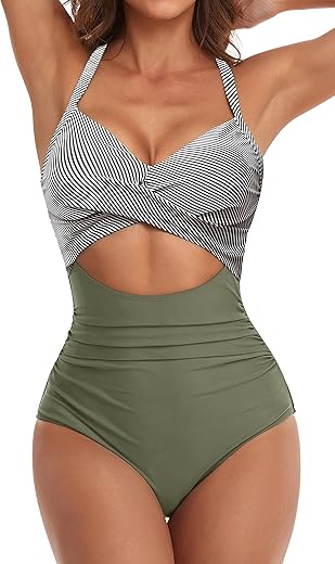 Eomenie Women's One Piece Swimsuits Tummy Control Cutout High Waisted Bathing Suit Wrap Tie Back 1 Piece Swimsuit