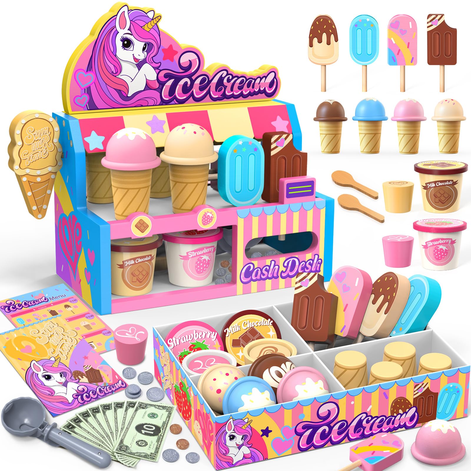Einhorn Eisdiele Kinder Holz,Eiswagen Spielzeug für Mädchen 3 4 5 6 7 8 9 10 11 12 Jahre,Eiscreme Rollenspiel Set mit Eistheke,Speisekarte,Eisportionierer & Spielgeld,Geschenk für Mädchen 3-12 Jahre